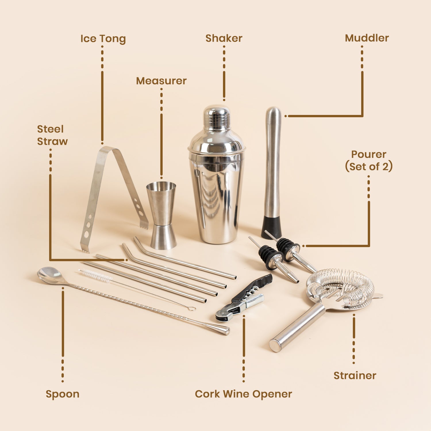 Set of 14-Piece Stainless Steel Bar Tool Set – Complete Cocktail Shaker Kit for Home Bar