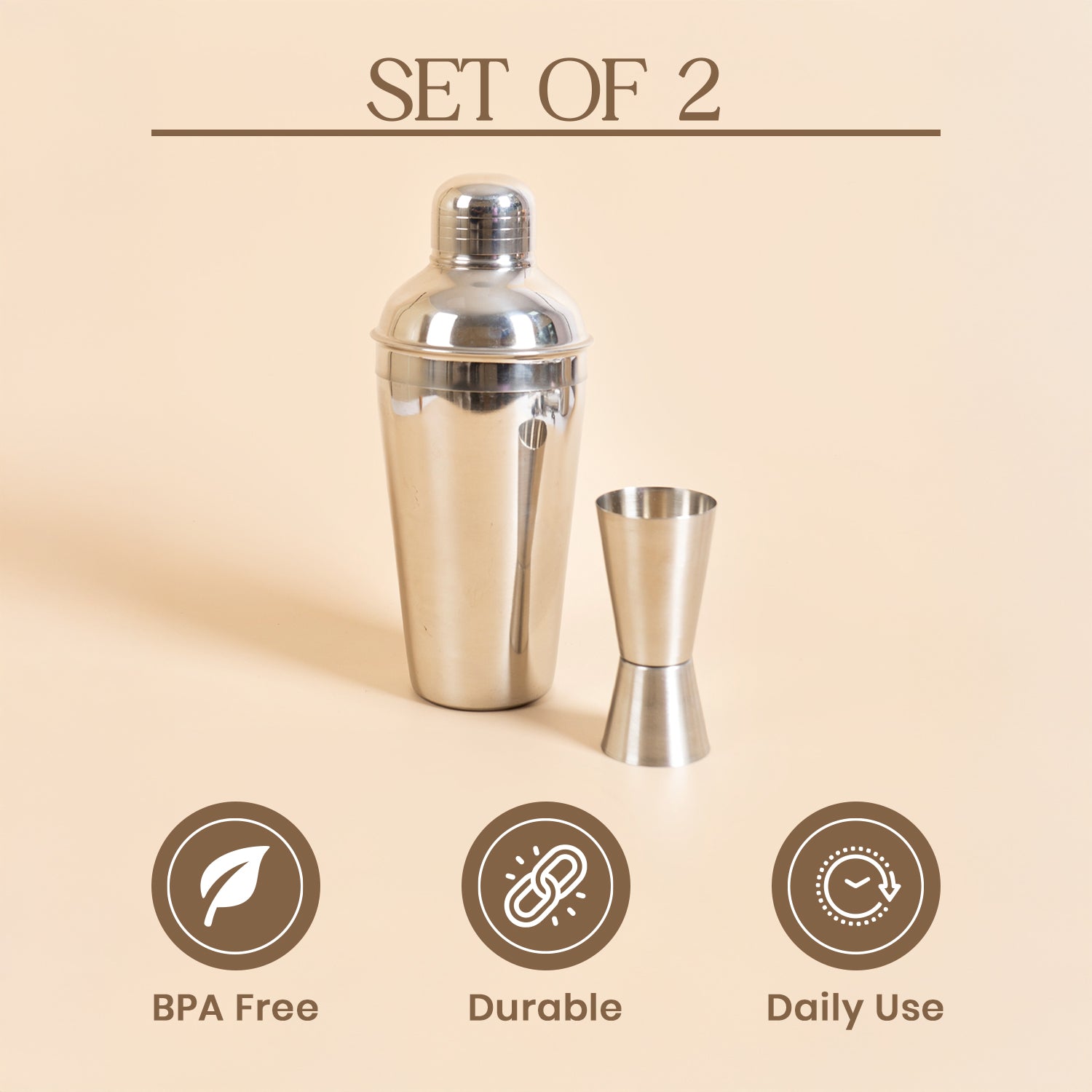 Set of 2 Stainless Steel Cocktail Shaker Set with Double-Sided Jigger – 750ml