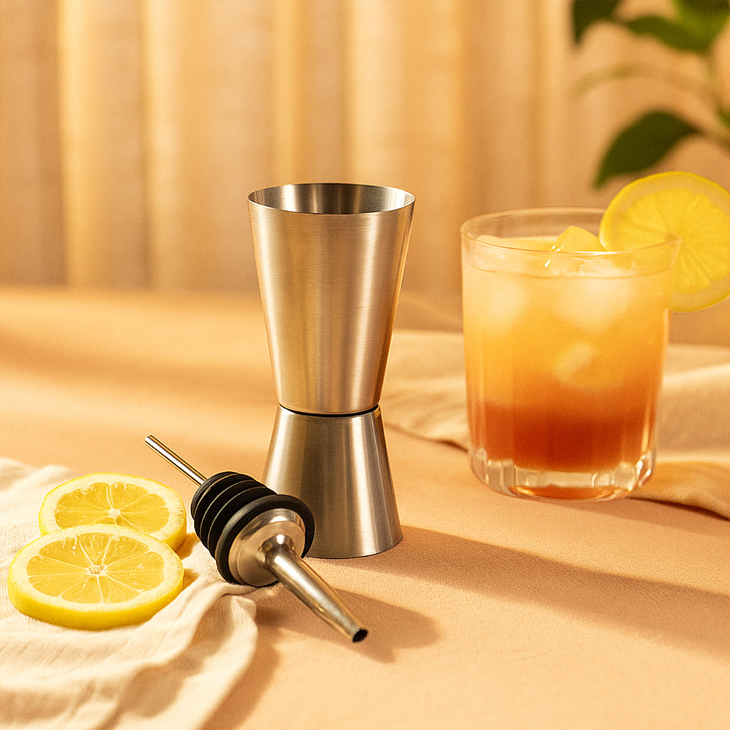 Professional 2-Piece Barware Set - Stainless Steel Double Jigger and Liquor Bottle Pourer - Accurate ML Measurements & Leak-Proof Spout for Cocktails - BPA Free & Durable 1