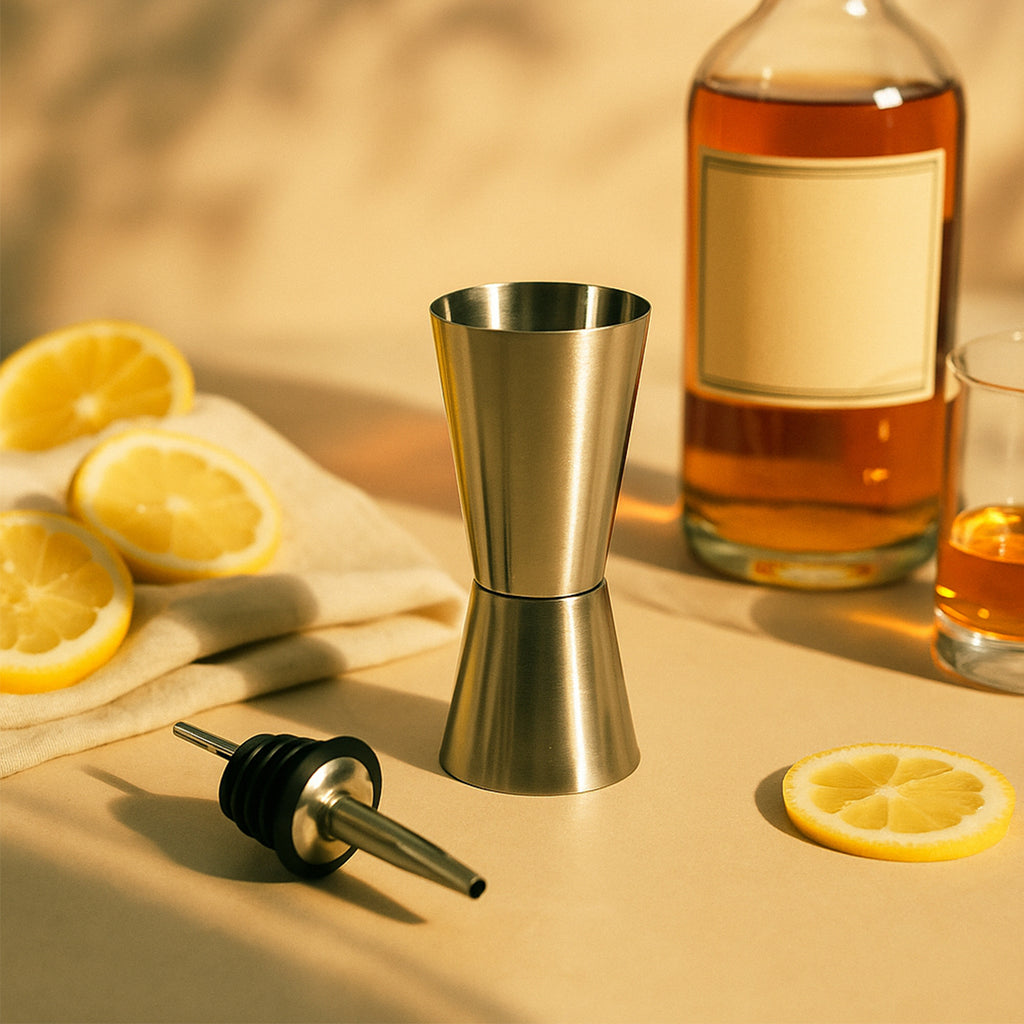 Professional 2-Piece Barware Set - Stainless Steel Double Jigger and Liquor Bottle Pourer - Accurate ML Measurements & Leak-Proof Spout for Cocktails - BPA Free & Durable 2