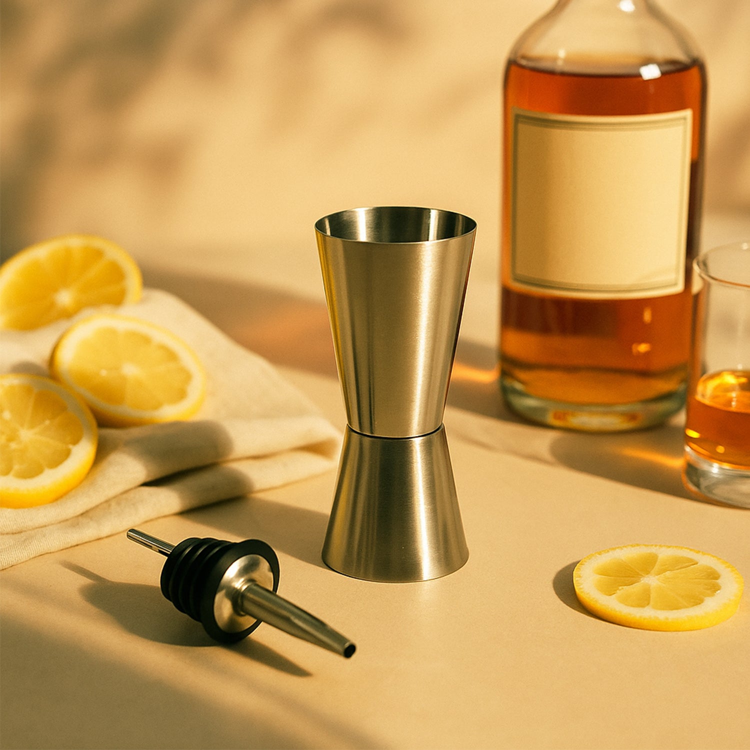 Stainless Steel Double-Sided Jigger with Bottle Pourer – Bar Tool Set for Precision Mixing