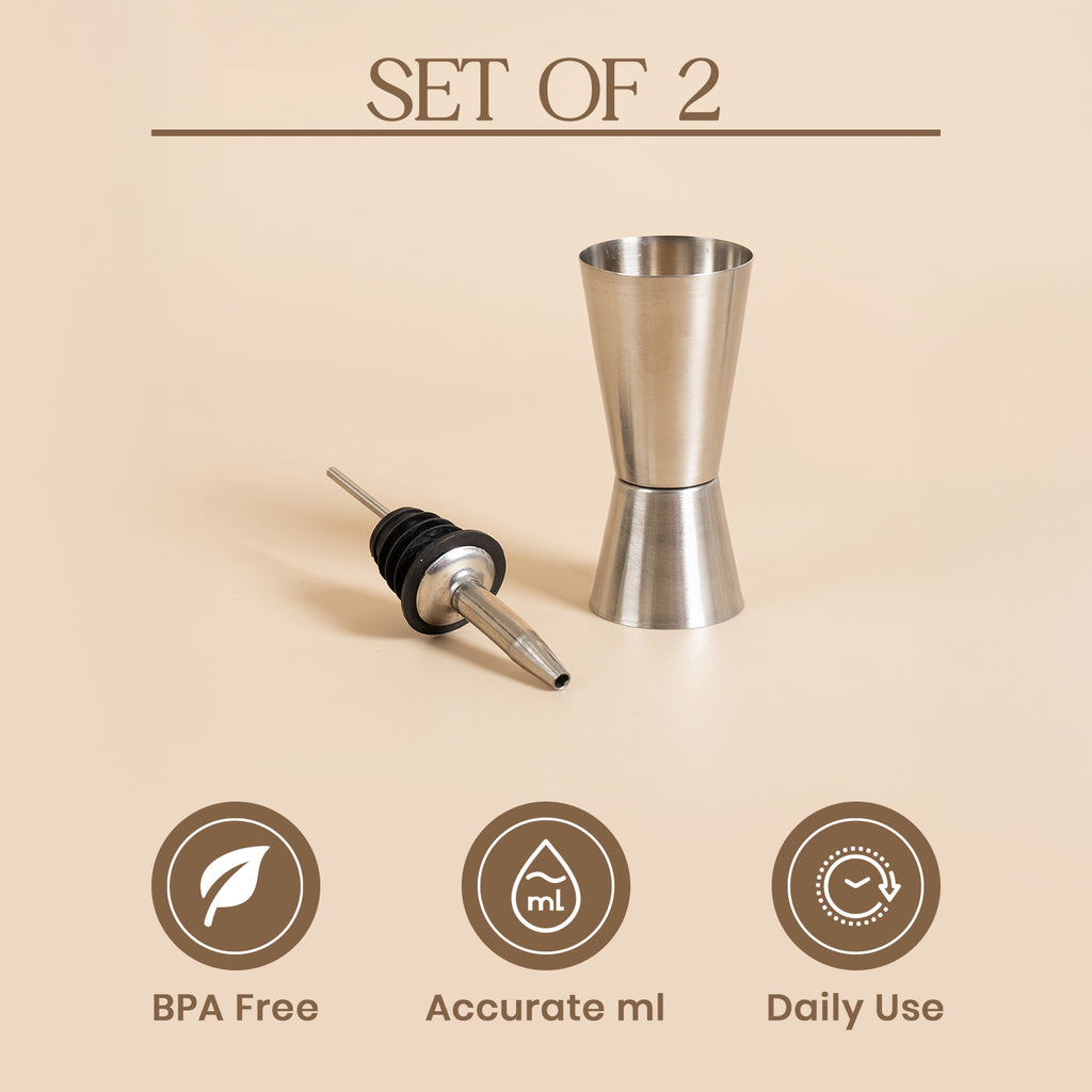 Professional 2-Piece Barware Set - Stainless Steel Double Jigger and Liquor Bottle Pourer - Accurate ML Measurements & Leak-Proof Spout for Cocktails - BPA Free & Durable 3