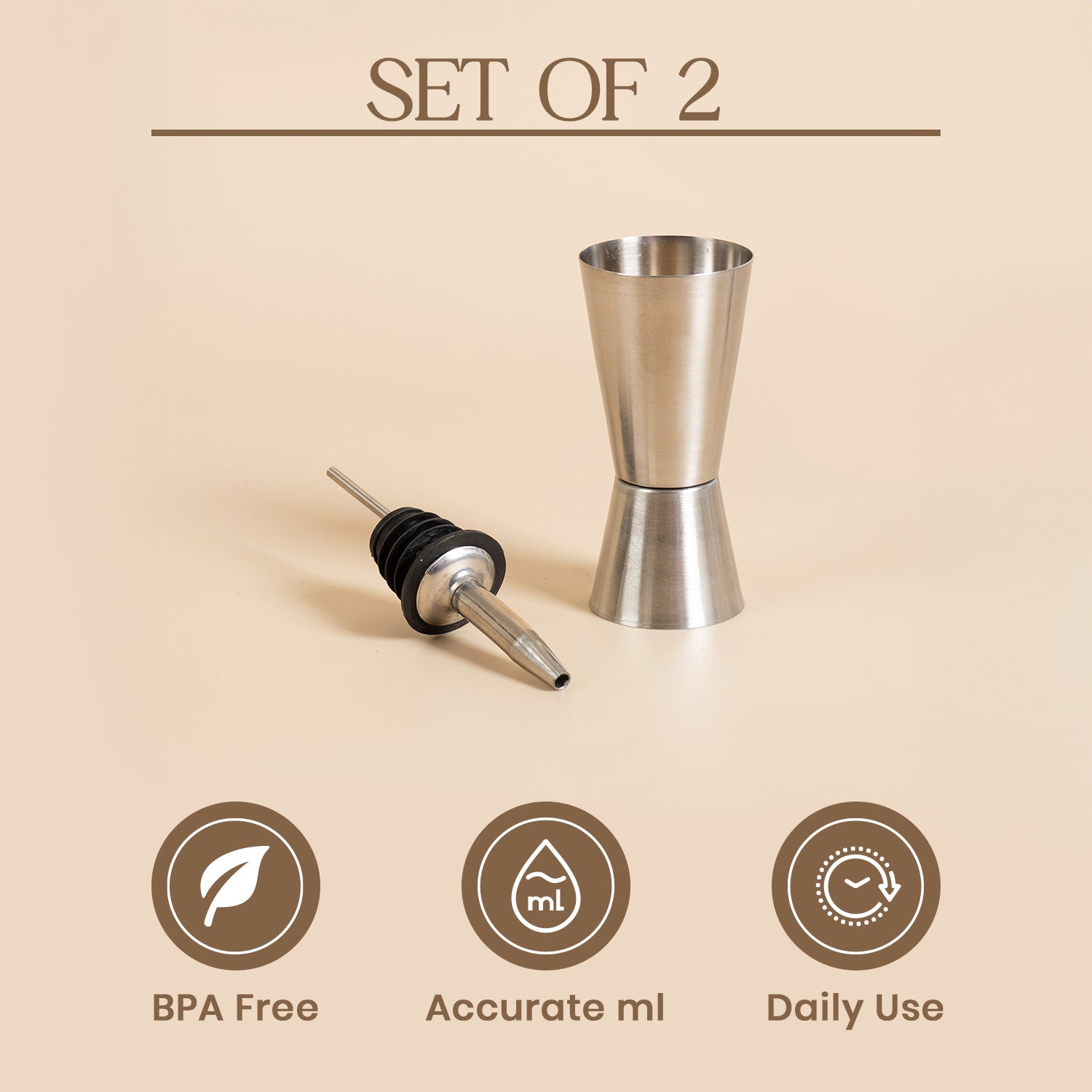 Stainless Steel Double-Sided Jigger with Bottle Pourer – Bar Tool Set for Precision Mixing