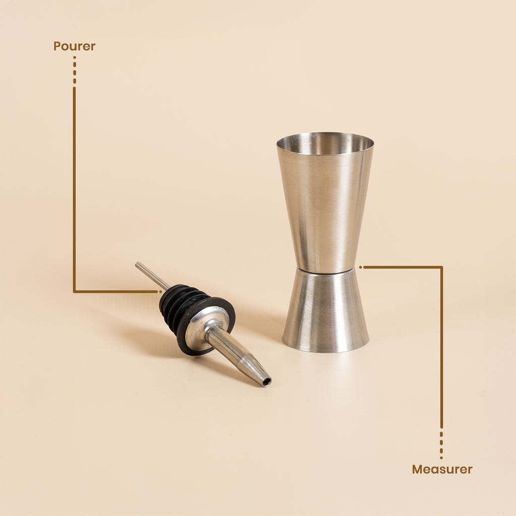 Professional 2-Piece Barware Set - Stainless Steel Double Jigger and Liquor Bottle Pourer - Accurate ML Measurements & Leak-Proof Spout for Cocktails - BPA Free & Durable 6