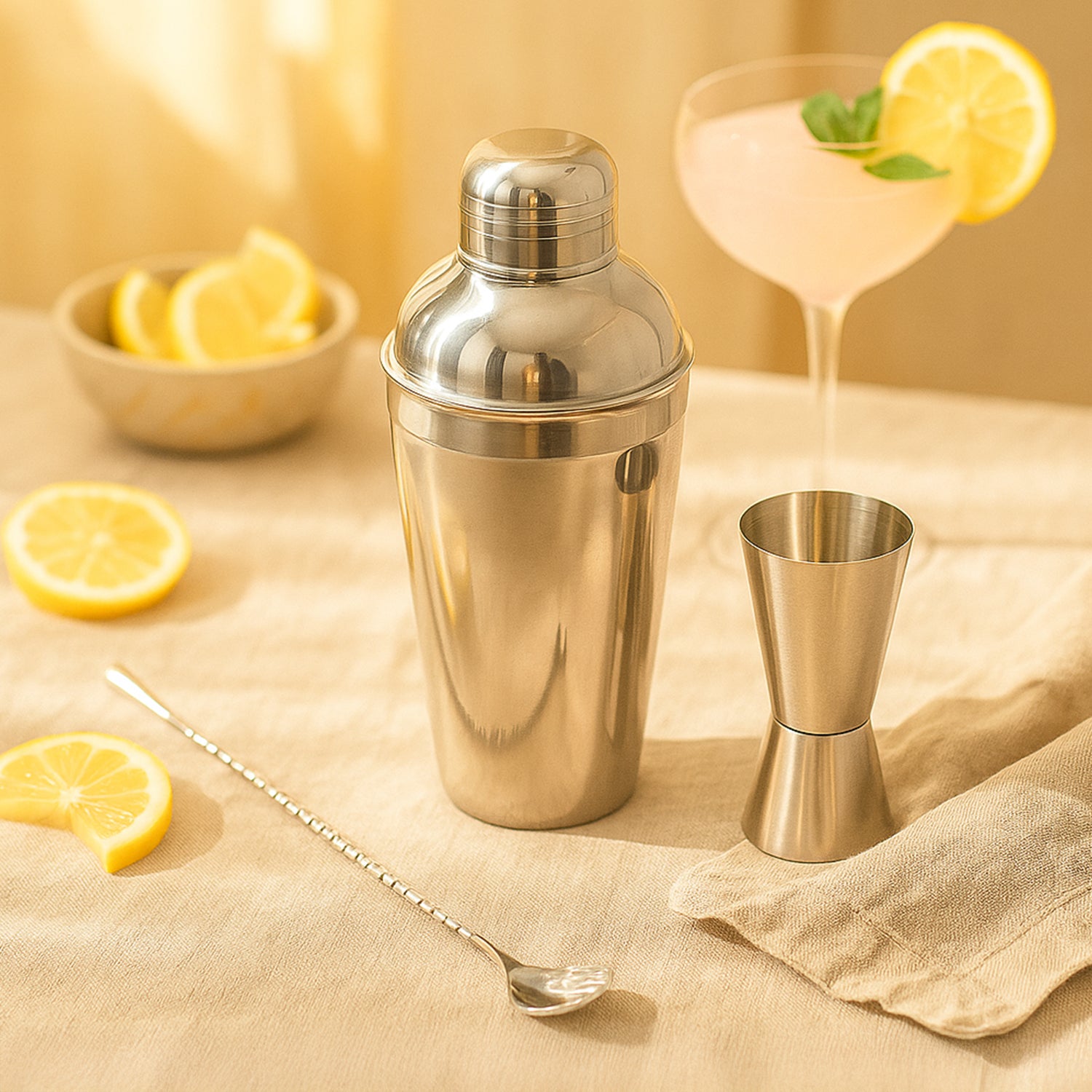 Set of 3-Piece Stainless Steel Cocktail Shaker Set with Jigger & Mixing Spoon – 750ml