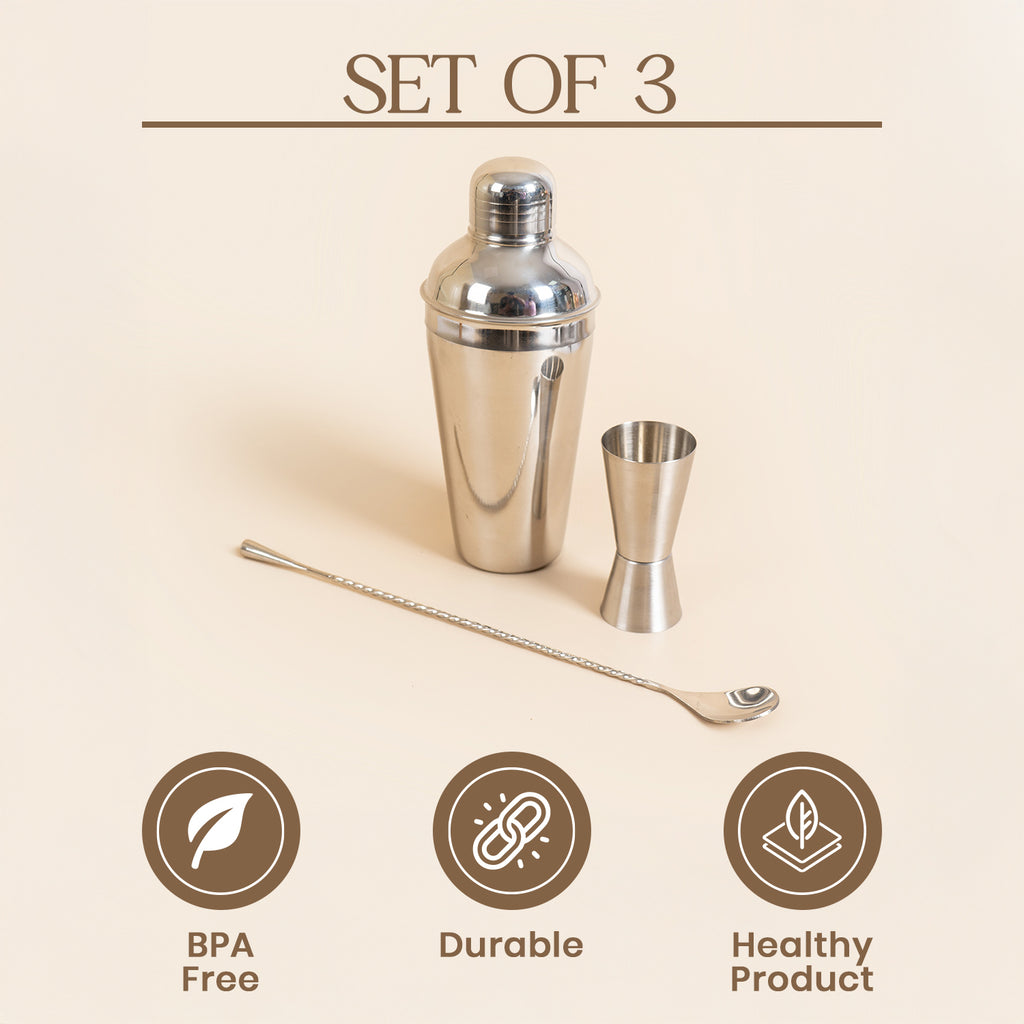 Set of 3-Piece Stainless Steel Cocktail Shaker Set with Jigger & Mixing Spoon – 750ml
