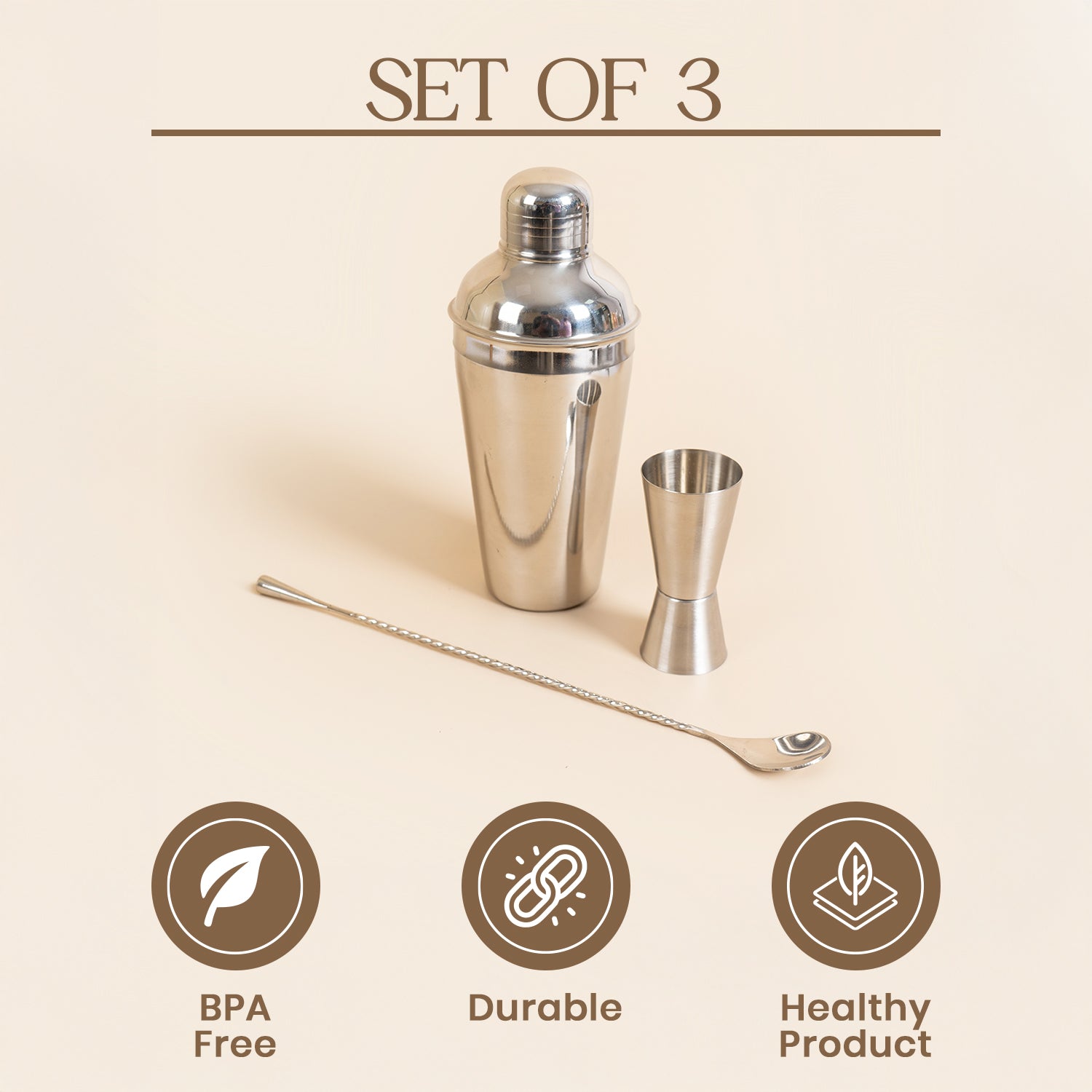 Set of 3-Piece Stainless Steel Cocktail Shaker Set with Jigger & Mixing Spoon – 750ml