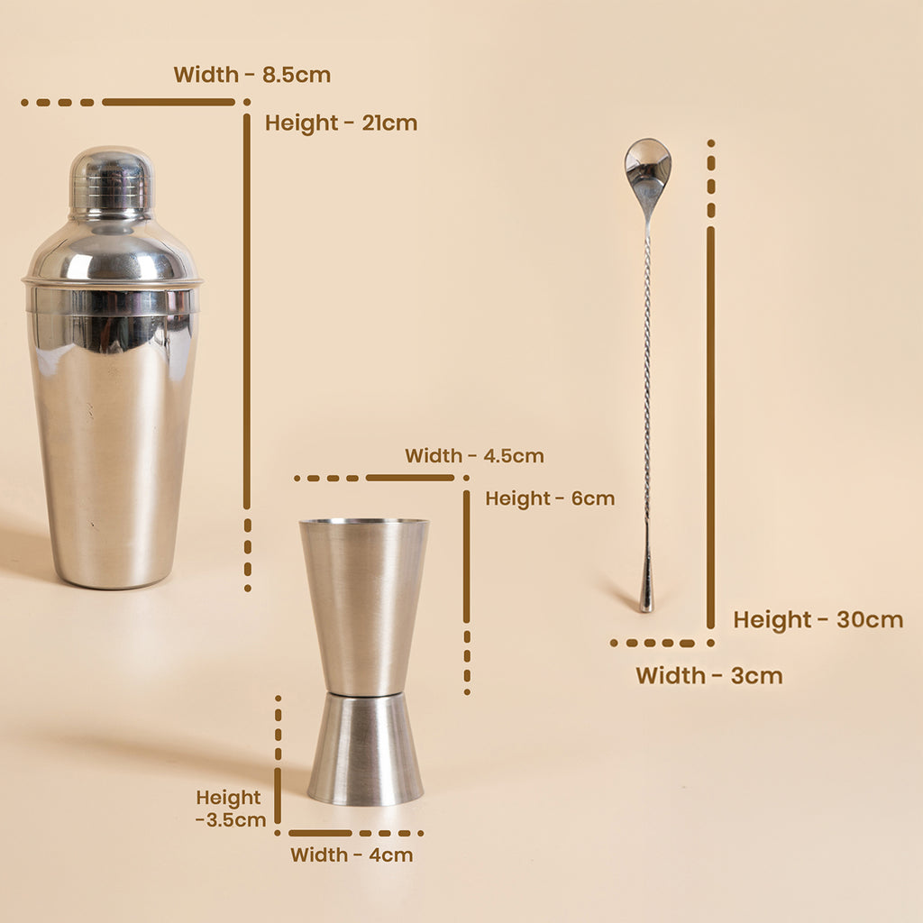 Set of 3-Piece Stainless Steel Cocktail Shaker Set with Jigger & Mixing Spoon – 750ml