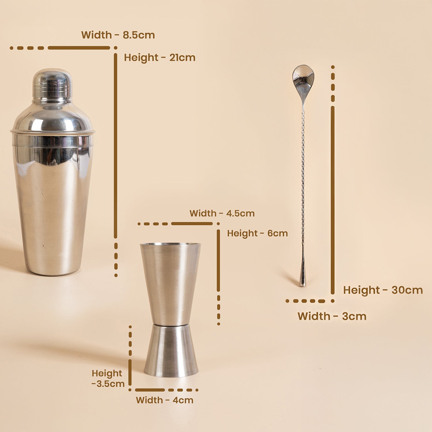 Set of 3-Piece Stainless Steel Cocktail Shaker Set with Jigger & Mixing Spoon – 750ml