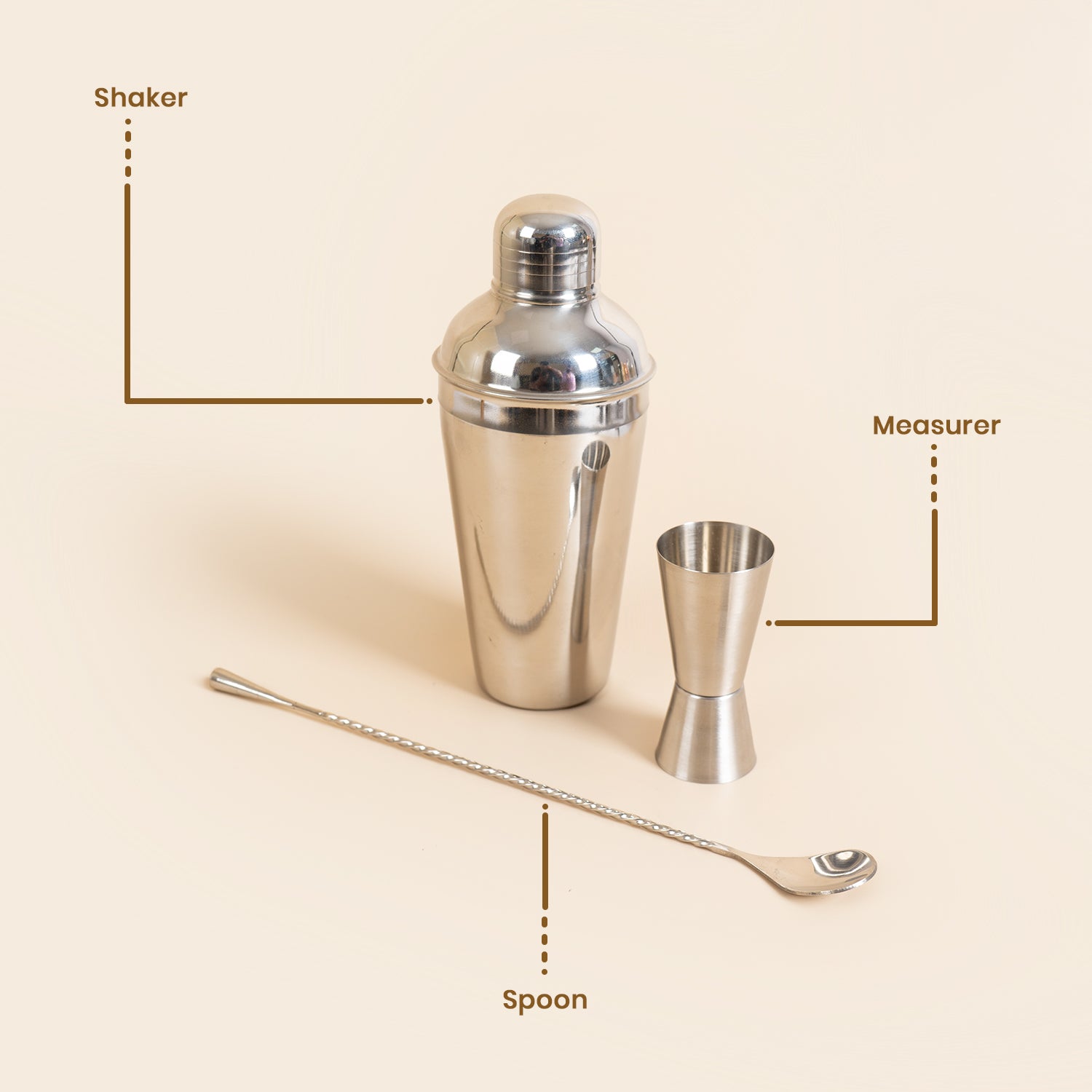 Set of 3-Piece Stainless Steel Cocktail Shaker Set with Jigger & Mixing Spoon – 750ml