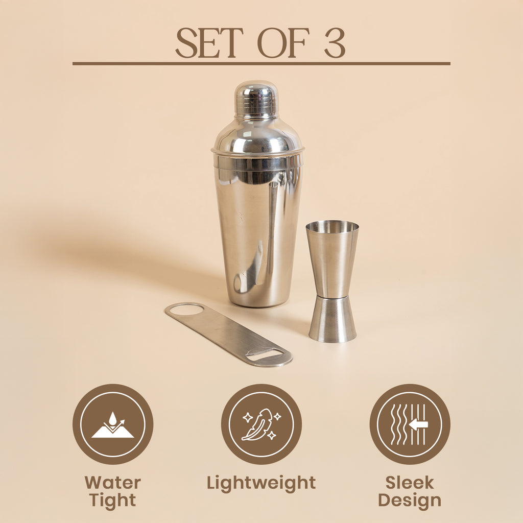 Professional 3-Piece Stainless Steel Cocktail Shaker Set - Includes Double Jigger & Heavy-Duty Flat Bottle Opener - Leak-Proof, Lightweight Barware Kit for Home Bar, Parties, and Gifting 3