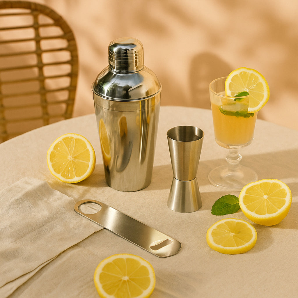 Professional 3-Piece Stainless Steel Cocktail Shaker Set - Includes Double Jigger & Heavy-Duty Flat Bottle Opener - Leak-Proof, Lightweight Barware Kit for Home Bar, Parties, and Gifting 1