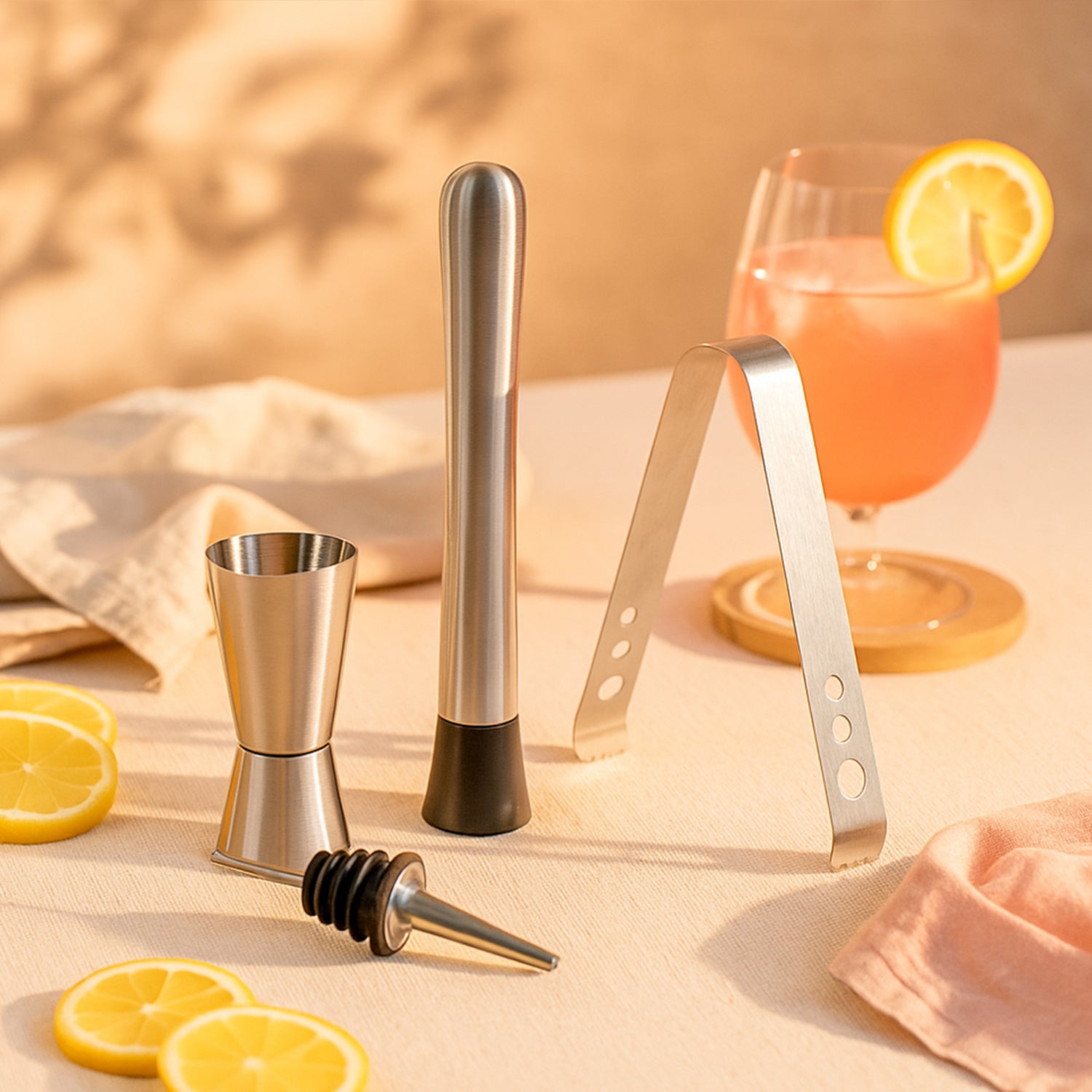 4-Piece Stainless Steel Bar Tool Set – Jigger, Muddler, Pourer & Ice Tong for Home Bar