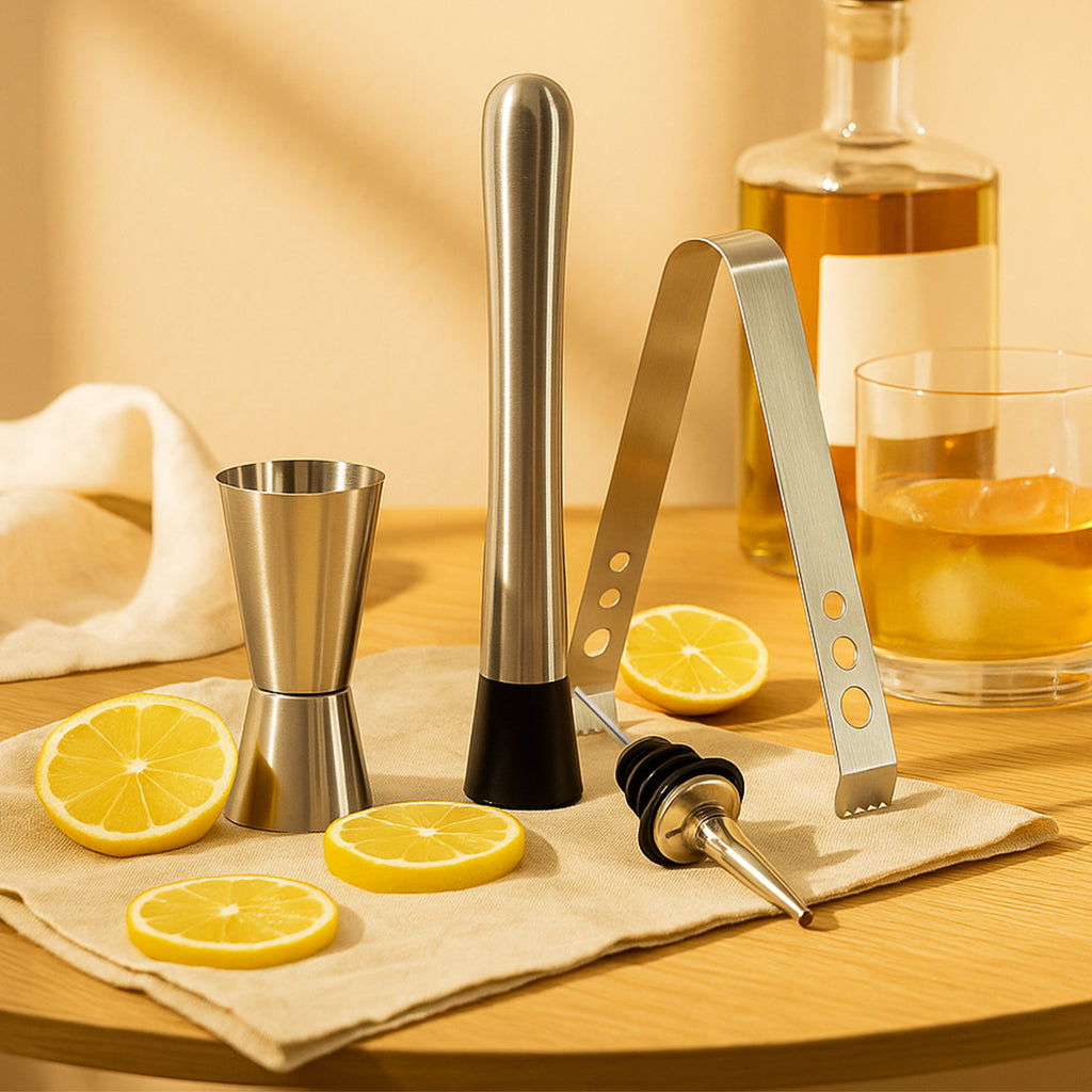Professional 4-Piece Stainless Steel Barware Essentials Set - Includes Cocktail Muddler, Double Jigger, Ice Tongs & Liquor Pourer - Heavy Duty Mixology Kit for Home Bar, Parties & Gifting - BPA Free