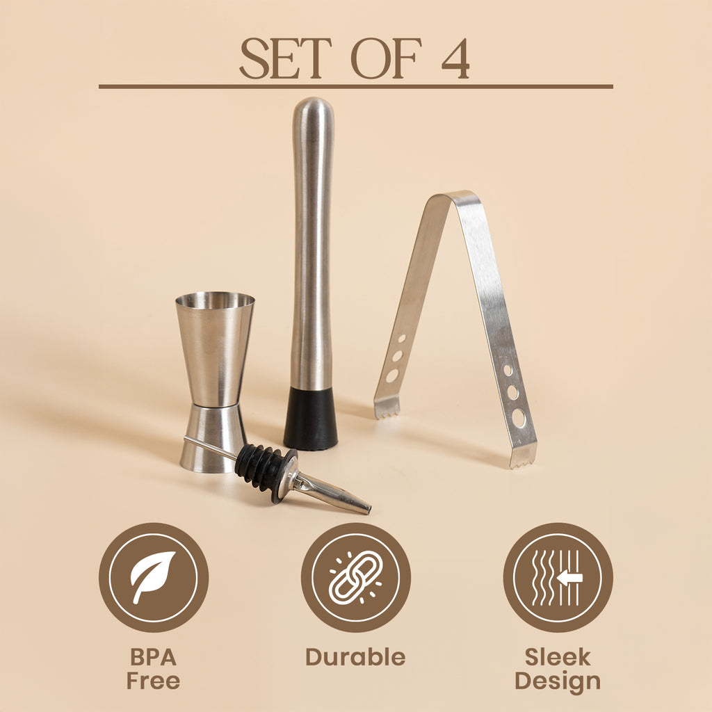 Professional 4-Piece Stainless Steel Barware Essentials Set - Includes Cocktail Muddler, Double Jigger, Ice Tongs & Liquor Pourer - Heavy Duty Mixology Kit for Home Bar, Parties & Gifting - BPA Free