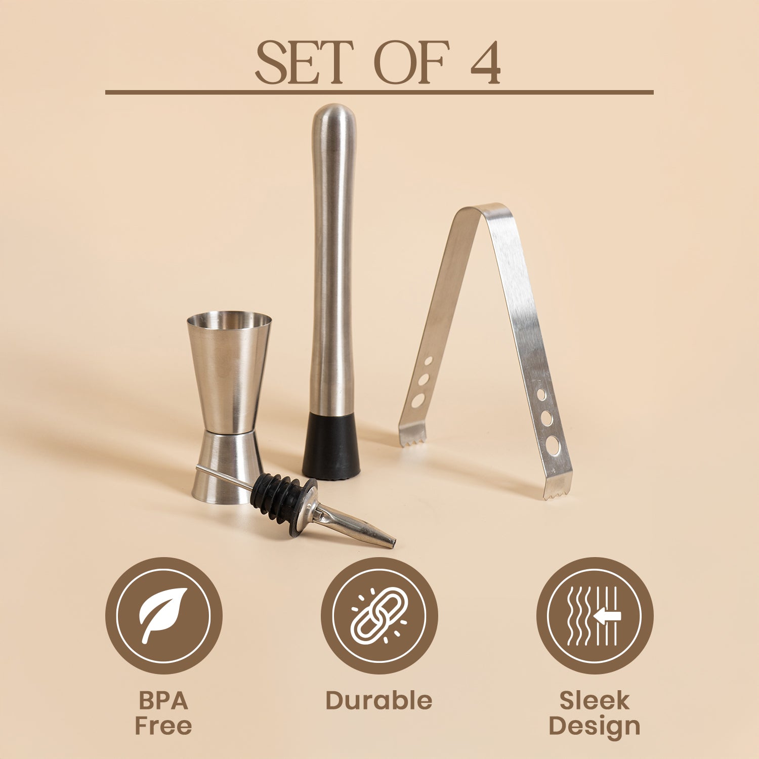 4-Piece Stainless Steel Bar Tool Set – Jigger, Muddler, Pourer & Ice Tong for Home Bar