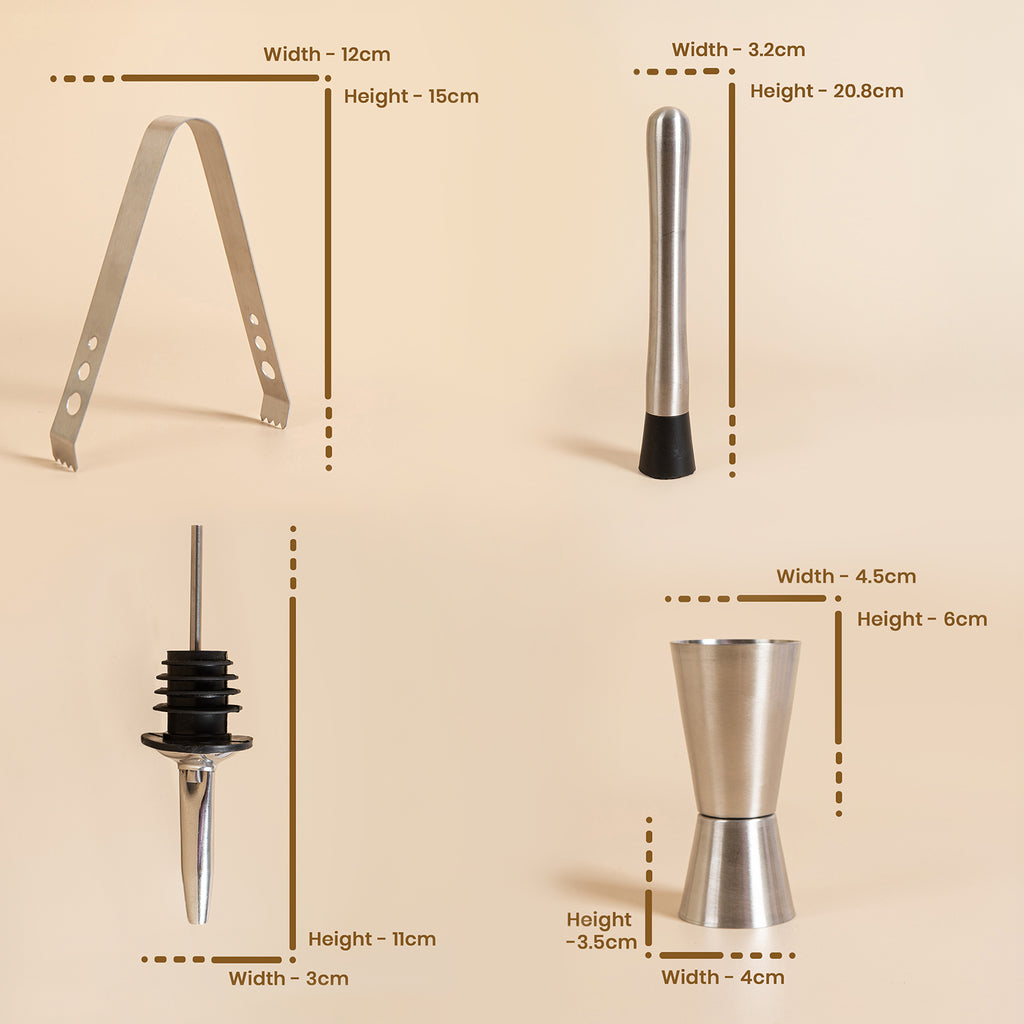 Professional 4-Piece Stainless Steel Barware Essentials Set - Includes Cocktail Muddler, Double Jigger, Ice Tongs & Liquor Pourer - Heavy Duty Mixology Kit for Home Bar, Parties & Gifting - BPA Free