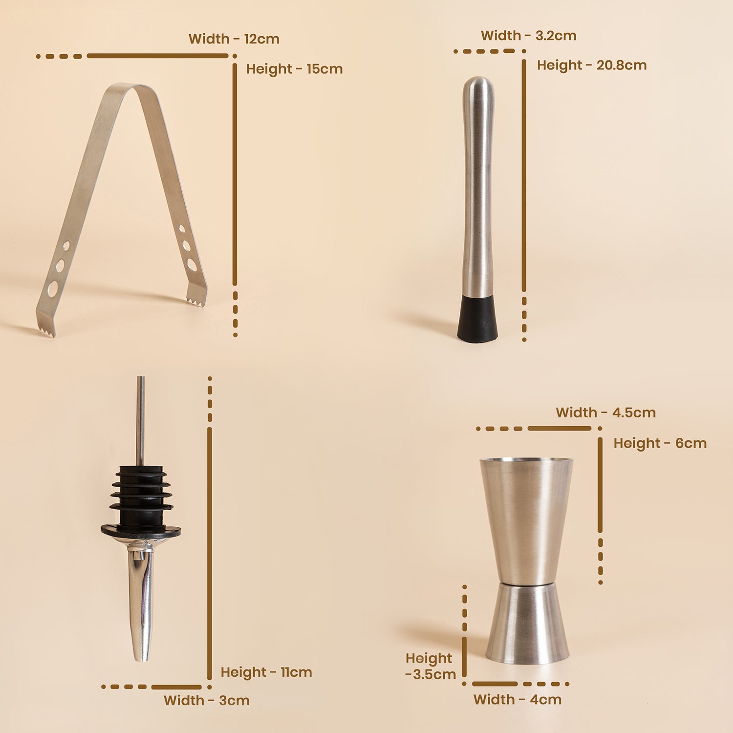 4-Piece Stainless Steel Bar Tool Set – Jigger, Muddler, Pourer & Ice Tong for Home Bar