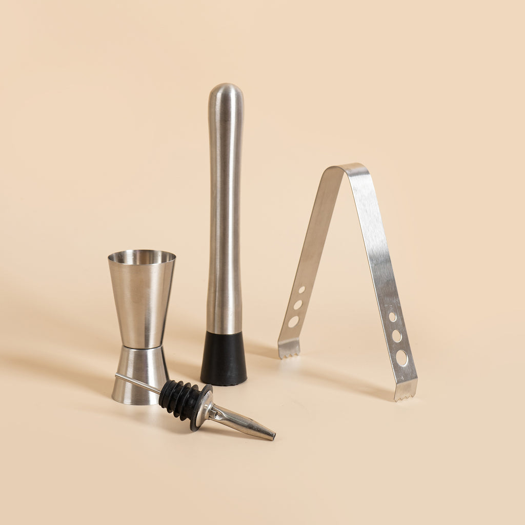 Professional 4-Piece Stainless Steel Barware Essentials Set - Includes Cocktail Muddler, Double Jigger, Ice Tongs & Liquor Pourer - Heavy Duty Mixology Kit for Home Bar, Parties & Gifting - BPA Free