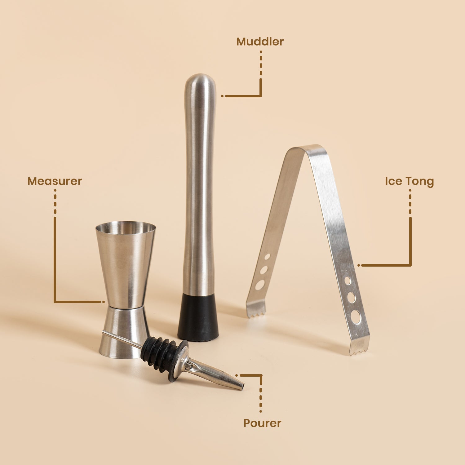 Professional 4-Piece Stainless Steel Barware Essentials Set - Includes Cocktail Muddler, Double Jigger, Ice Tongs & Liquor Pourer - Heavy Duty Mixology Kit for Home Bar, Parties & Gifting - BPA Free
