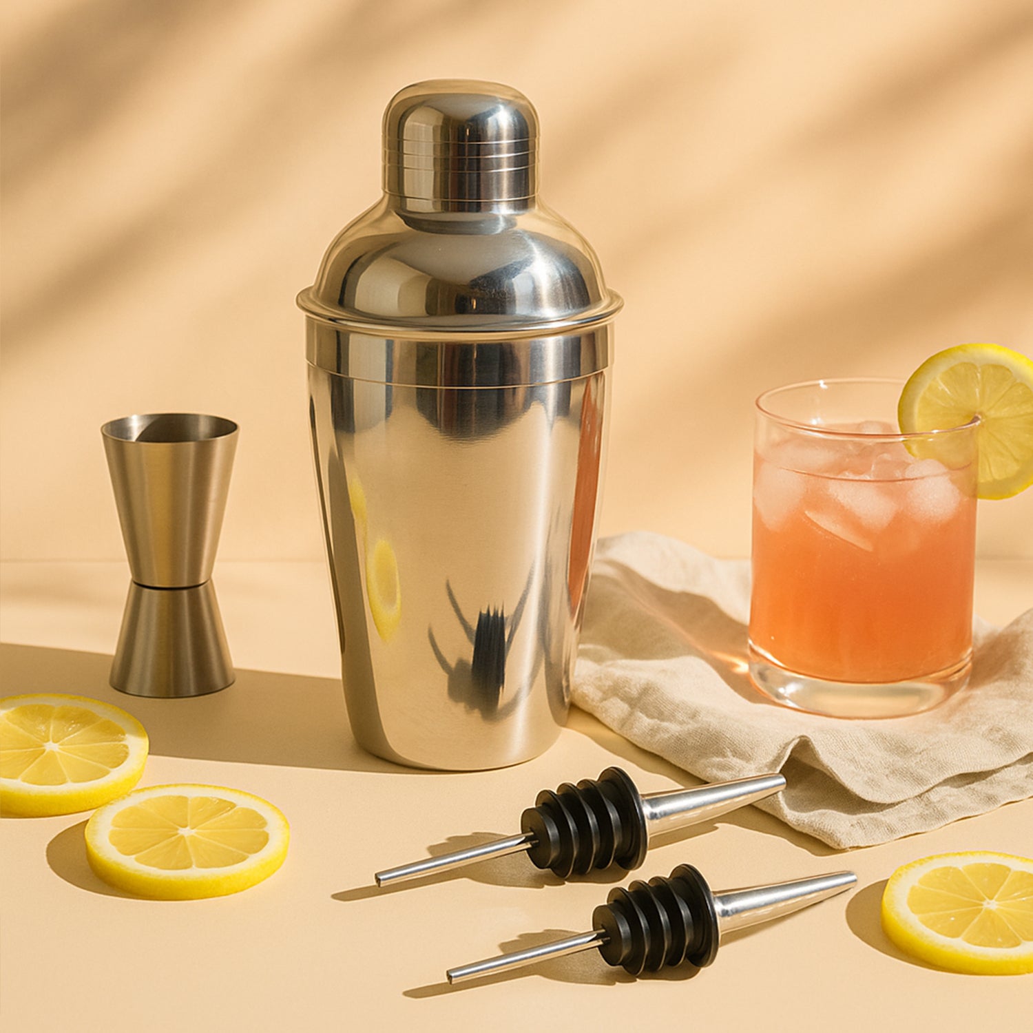 4-Piece Stainless Steel Bar Set – Cocktail Shaker, Double Jigger & 2 Liquor Pourers