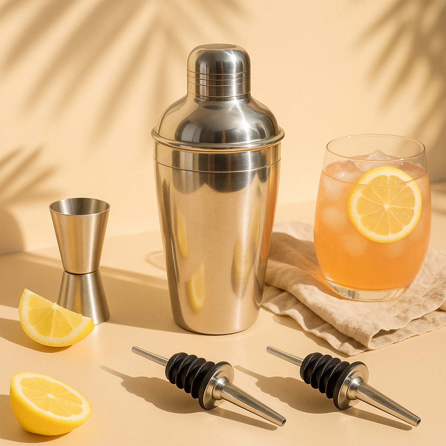 4-Piece Stainless Steel Bar Set – Cocktail Shaker, Double Jigger & 2 Liquor Pourers