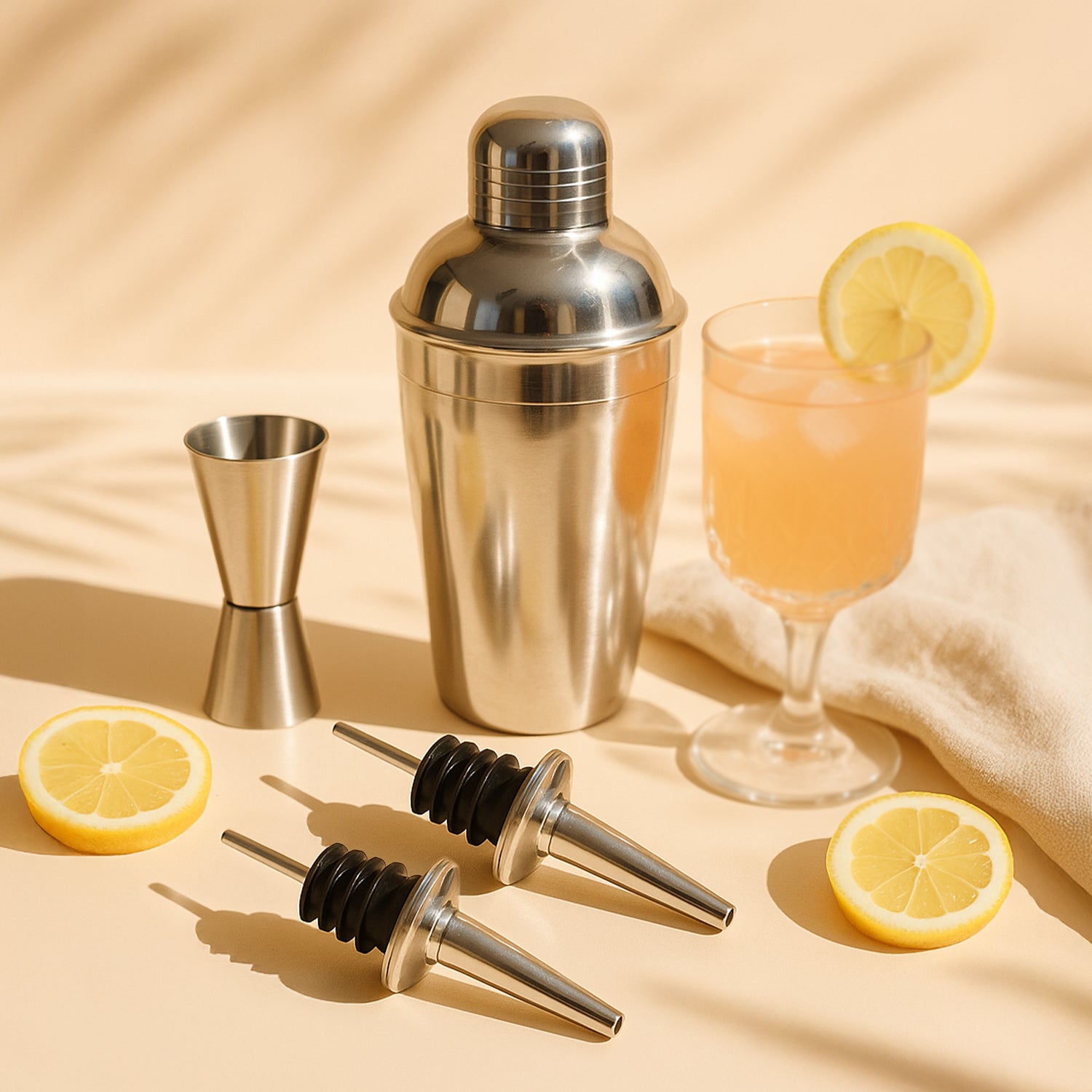 4-Piece Stainless Steel Bar Set – Cocktail Shaker, Double Jigger & 2 Liquor Pourers