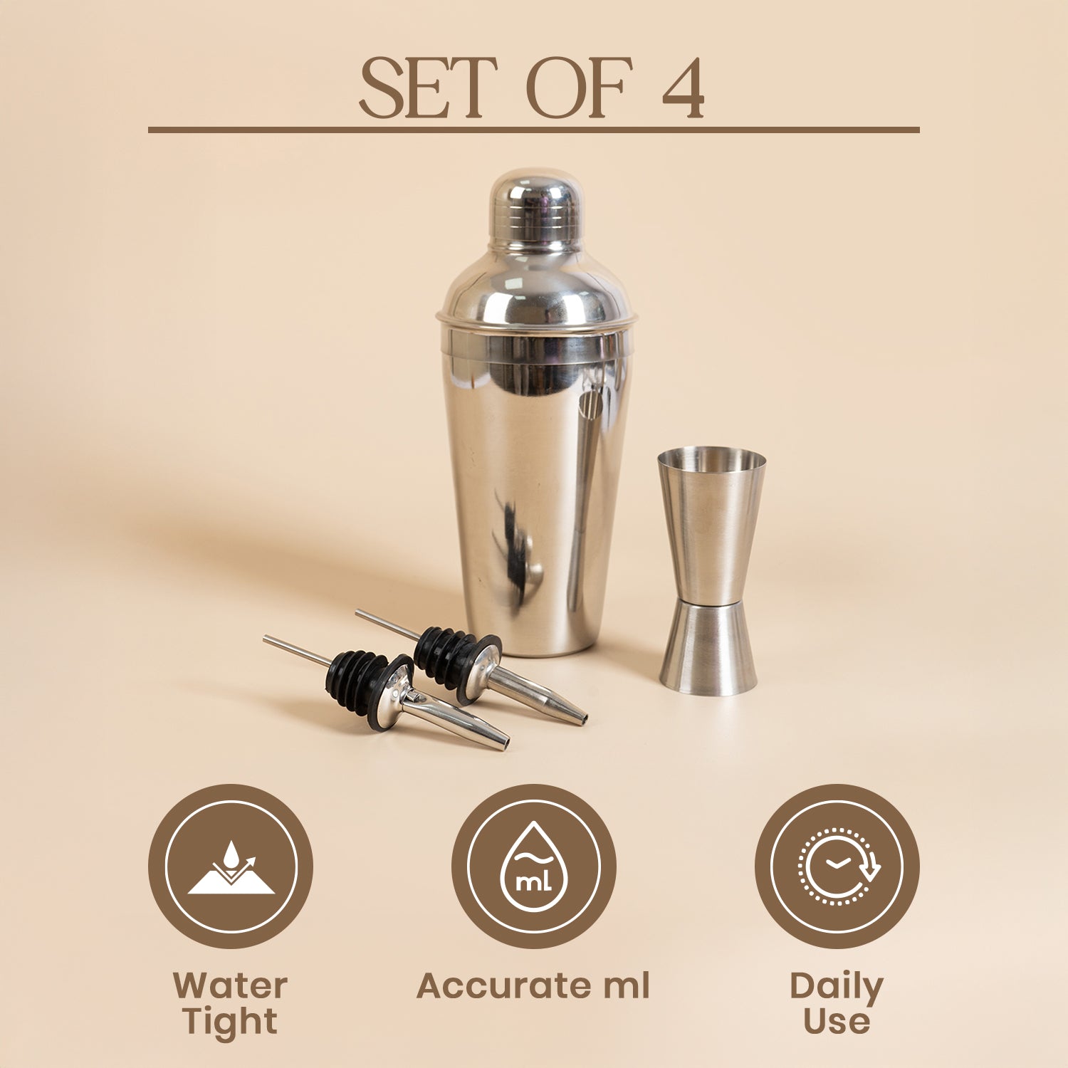 4-Piece Stainless Steel Bar Set – Cocktail Shaker, Double Jigger & 2 Liquor Pourers