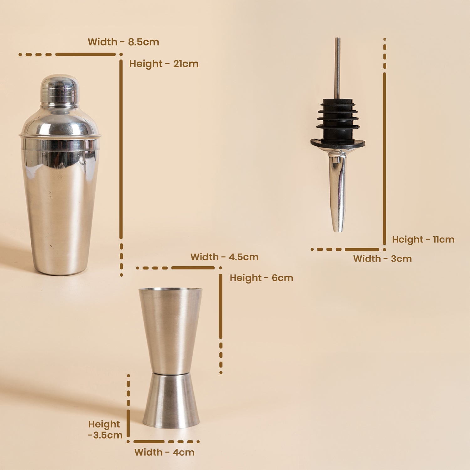 4-Piece Stainless Steel Bar Set – Cocktail Shaker, Double Jigger & 2 Liquor Pourers