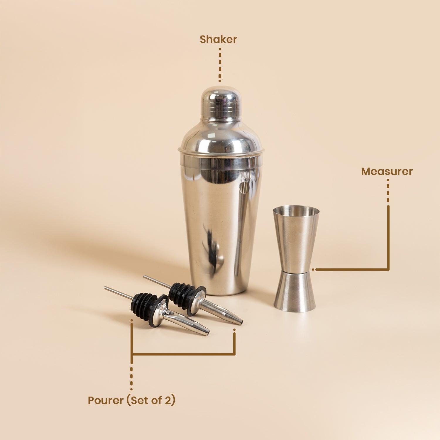4-Piece Stainless Steel Bar Set – Cocktail Shaker, Double Jigger & 2 Liquor Pourers
