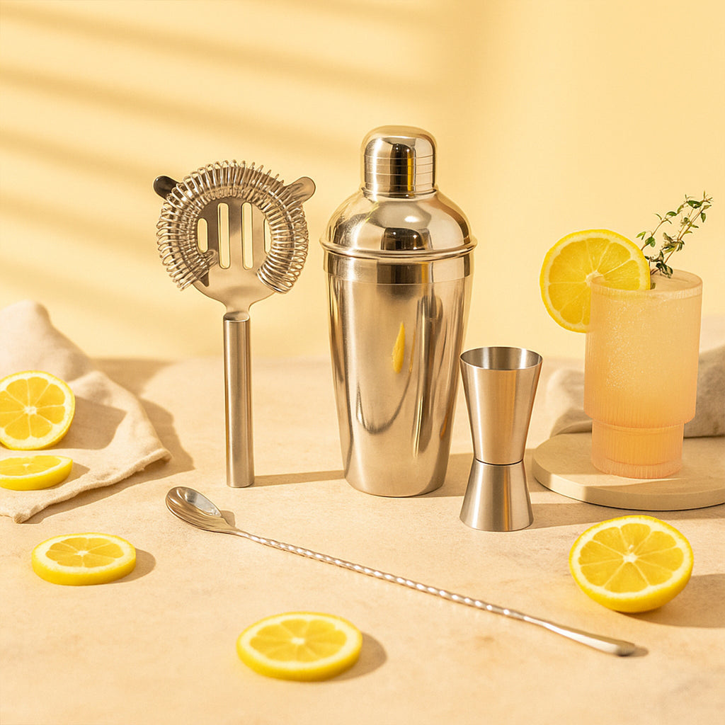 4-Piece Stainless Steel Cocktail Shaker Set – Includes Cobbler Shaker, Hawthorne Strainer, Double Measurer, and 30cm Twisted Bar Spoon – Professional Barware Kit (Silver) 1