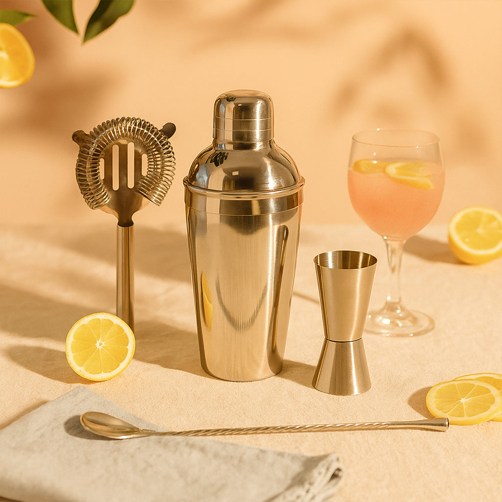 4-Piece Stainless Steel Cocktail Shaker Set – Includes Cobbler Shaker, Hawthorne Strainer, Double Measurer, and 30cm Twisted Bar Spoon – Professional Barware Kit (Silver) 2