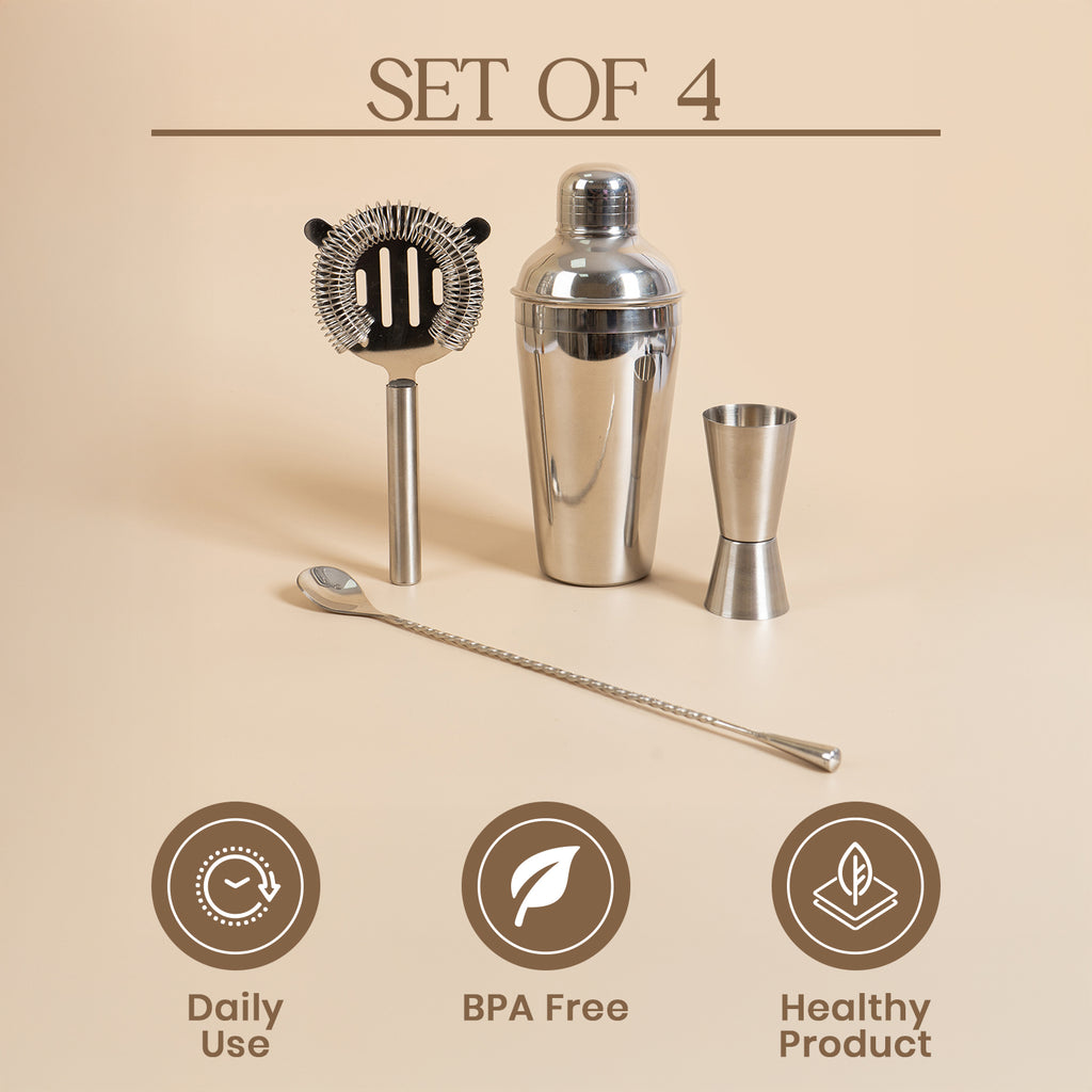 4-Piece Stainless Steel Cocktail Shaker Set – Includes Cobbler Shaker, Hawthorne Strainer, Double Measurer, and 30cm Twisted Bar Spoon – Professional Barware Kit (Silver) 3