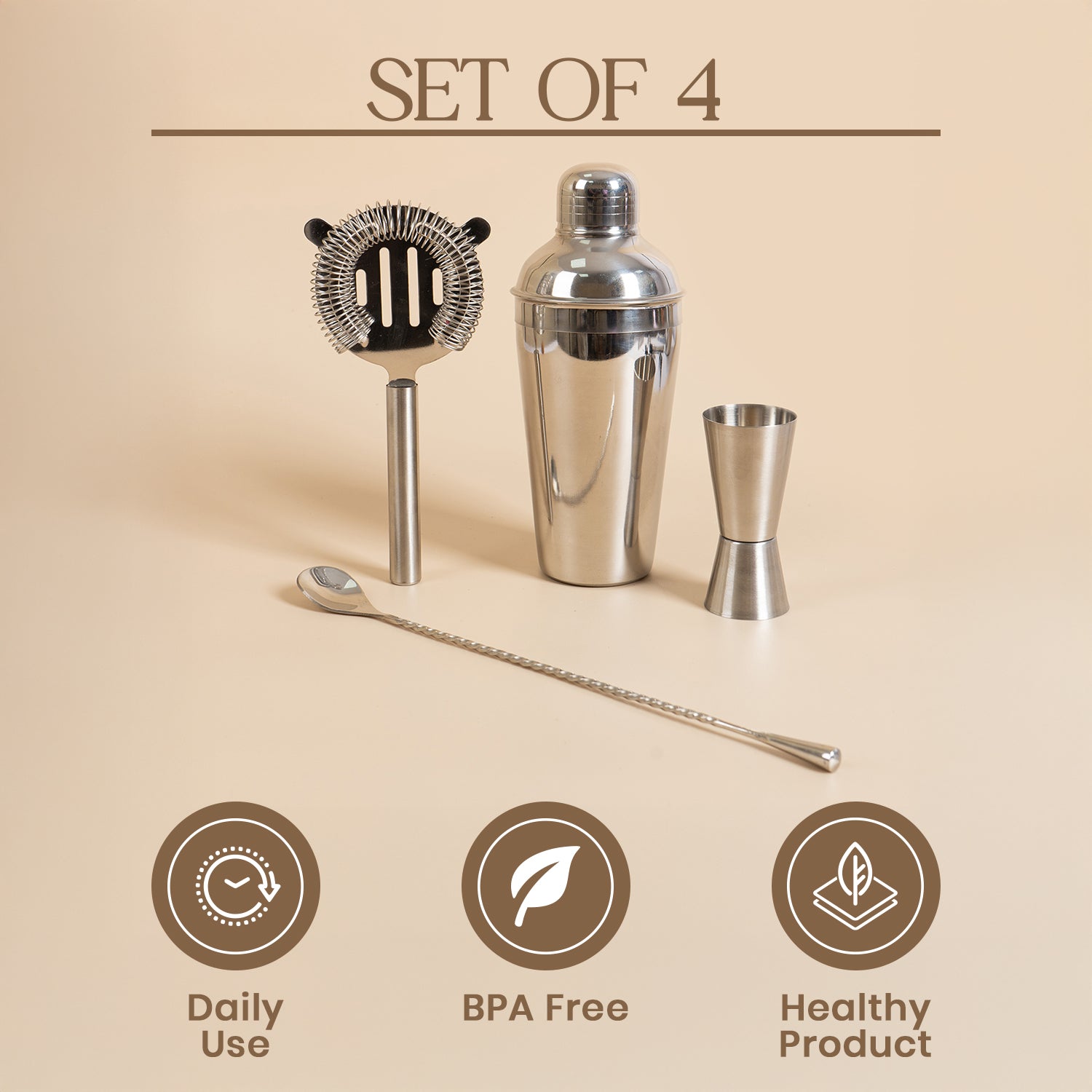 4-Piece Stainless Steel Cocktail Shaker Set – Includes Cobbler Shaker, Hawthorne Strainer, Double Measurer, and 30cm Twisted Bar Spoon – Professional Barware Kit (Silver) 3