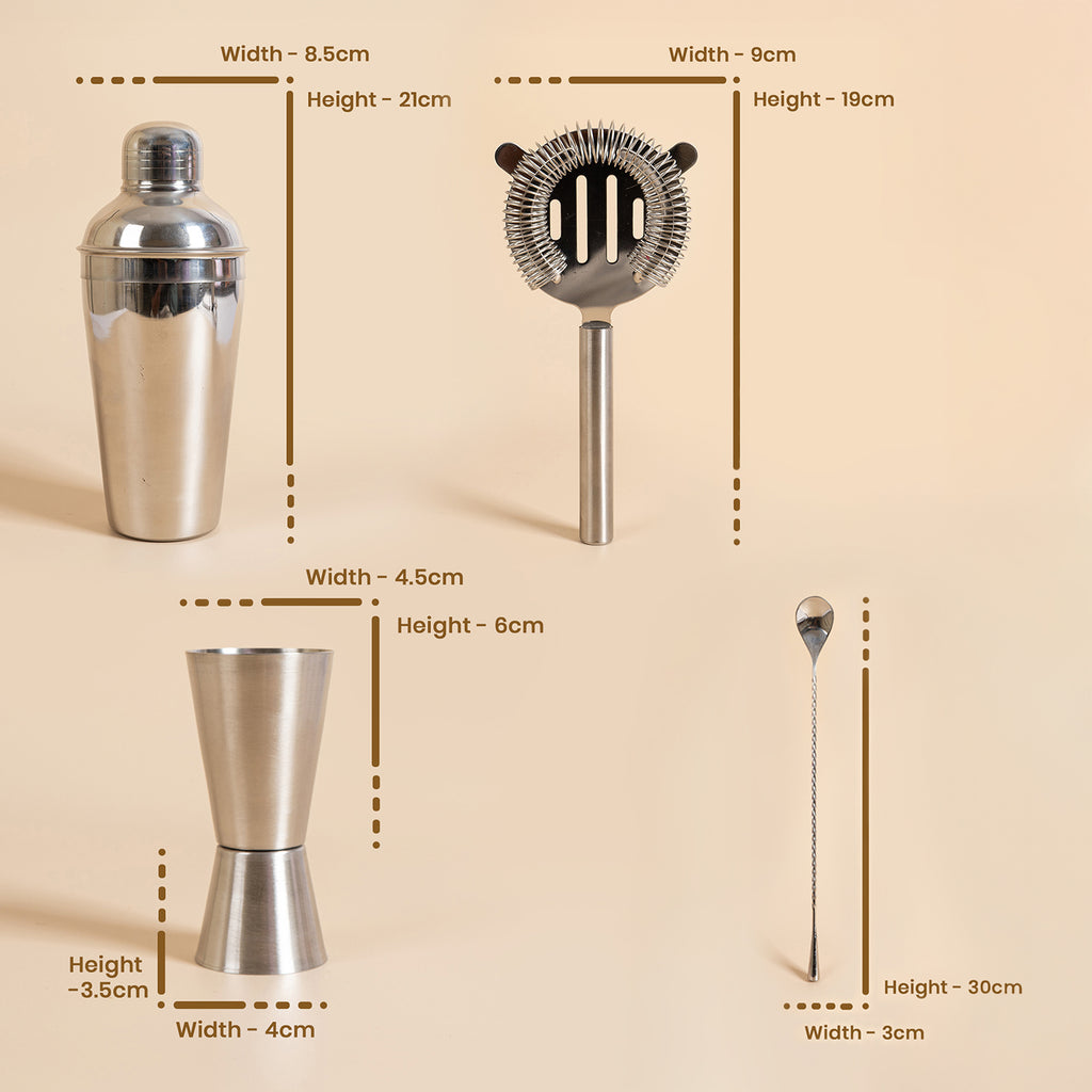 4-Piece Stainless Steel Cocktail Shaker Set – Includes Cobbler Shaker, Hawthorne Strainer, Double Measurer, and 30cm Twisted Bar Spoon – Professional Barware Kit (Silver) 4