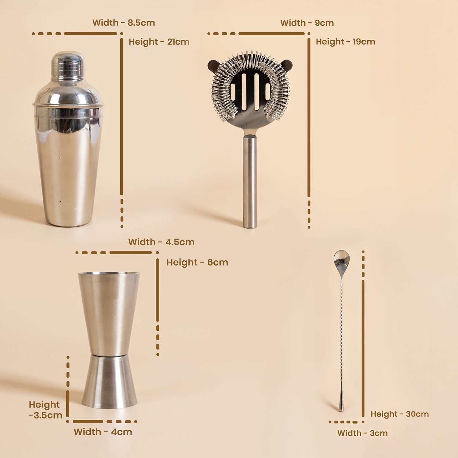 4-Piece Stainless Steel Cocktail Shaker Set – Includes Cobbler Shaker, Hawthorne Strainer, Double Measurer, and 30cm Twisted Bar Spoon – Professional Barware Kit (Silver) 4