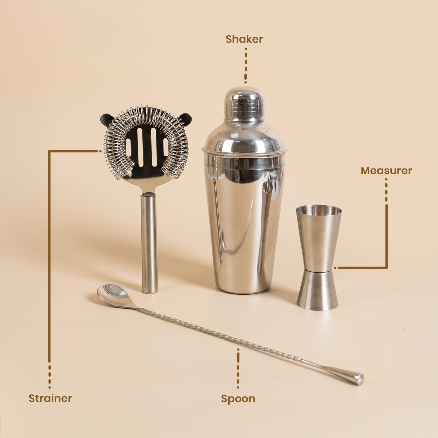 4-Piece Stainless Steel Cocktail Shaker Set – Includes Cobbler Shaker, Hawthorne Strainer, Double Measurer, and 30cm Twisted Bar Spoon – Professional Barware Kit (Silver) 6