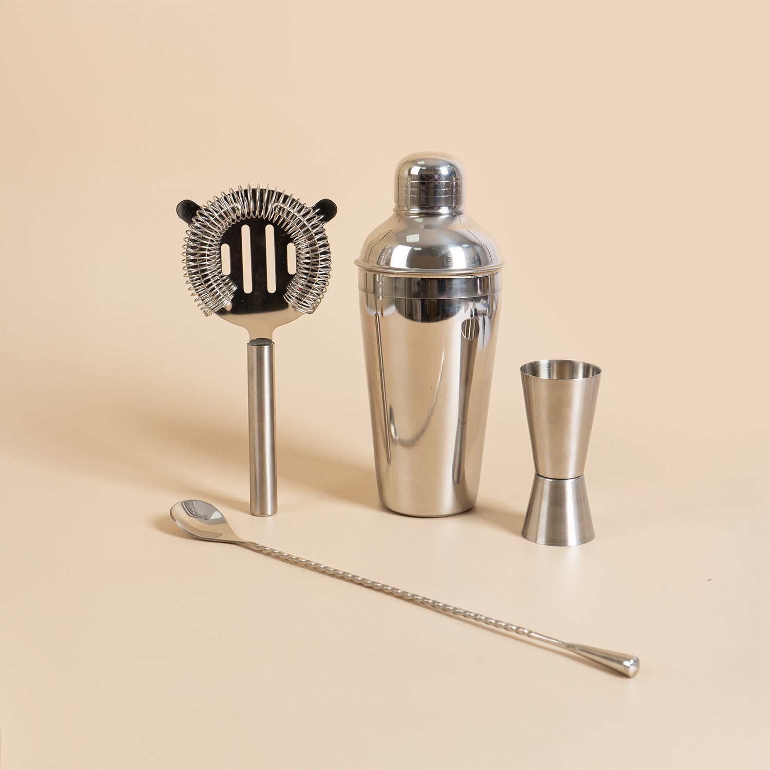 4-Piece Stainless Steel Cocktail Shaker Set – Includes Cobbler Shaker, Hawthorne Strainer, Double Measurer, and 30cm Twisted Bar Spoon – Professional Barware Kit (Silver) 7