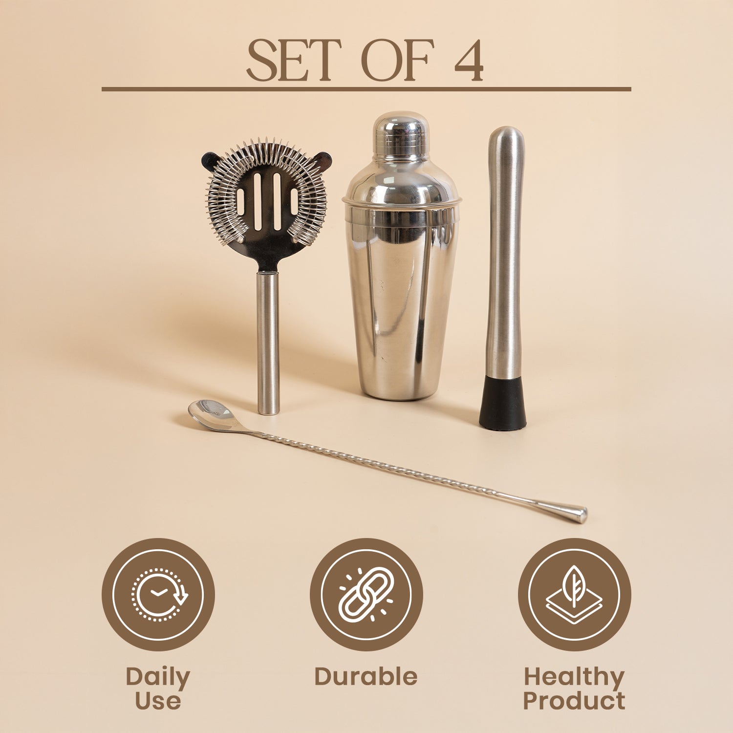 4-Piece Stainless Steel Bar Tool Set – Cocktail Shaker, Strainer, Muddler & Stirrer Spoon