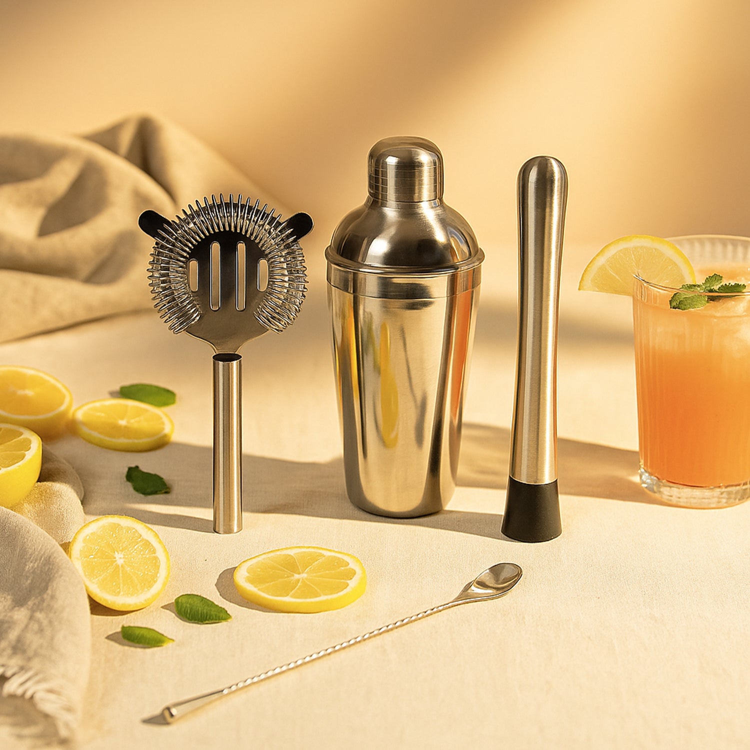 4-Piece Stainless Steel Bar Tool Set – Cocktail Shaker, Strainer, Muddler & Stirrer Spoon
