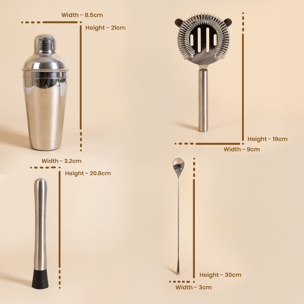 4-Piece Stainless Steel Bar Tool Set: Cocktail Shaker, Hawthorne Strainer, Professional Muddler, and 30cm Bar Spoon