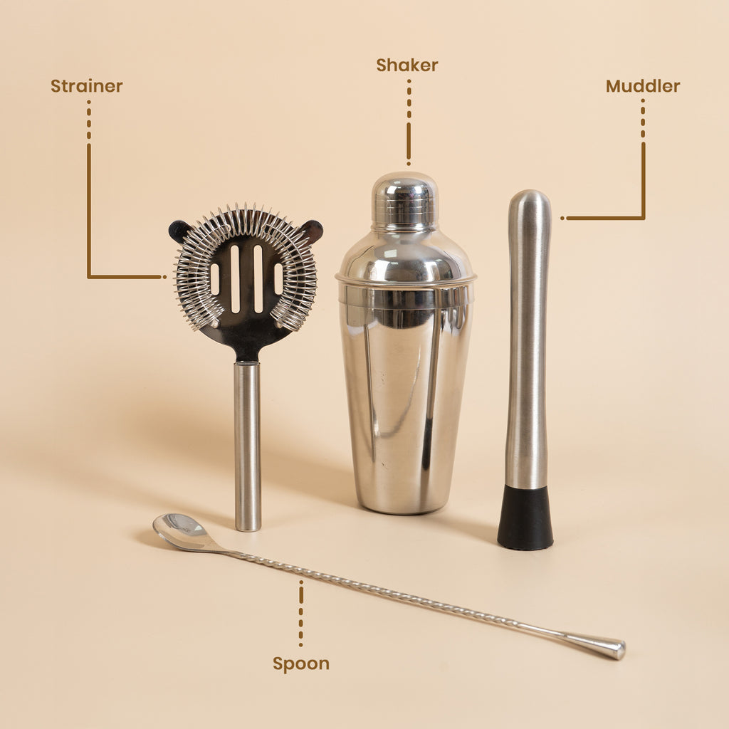4-Piece Stainless Steel Bar Tool Set: Cocktail Shaker, Hawthorne Strainer, Professional Muddler, and 30cm Bar Spoon