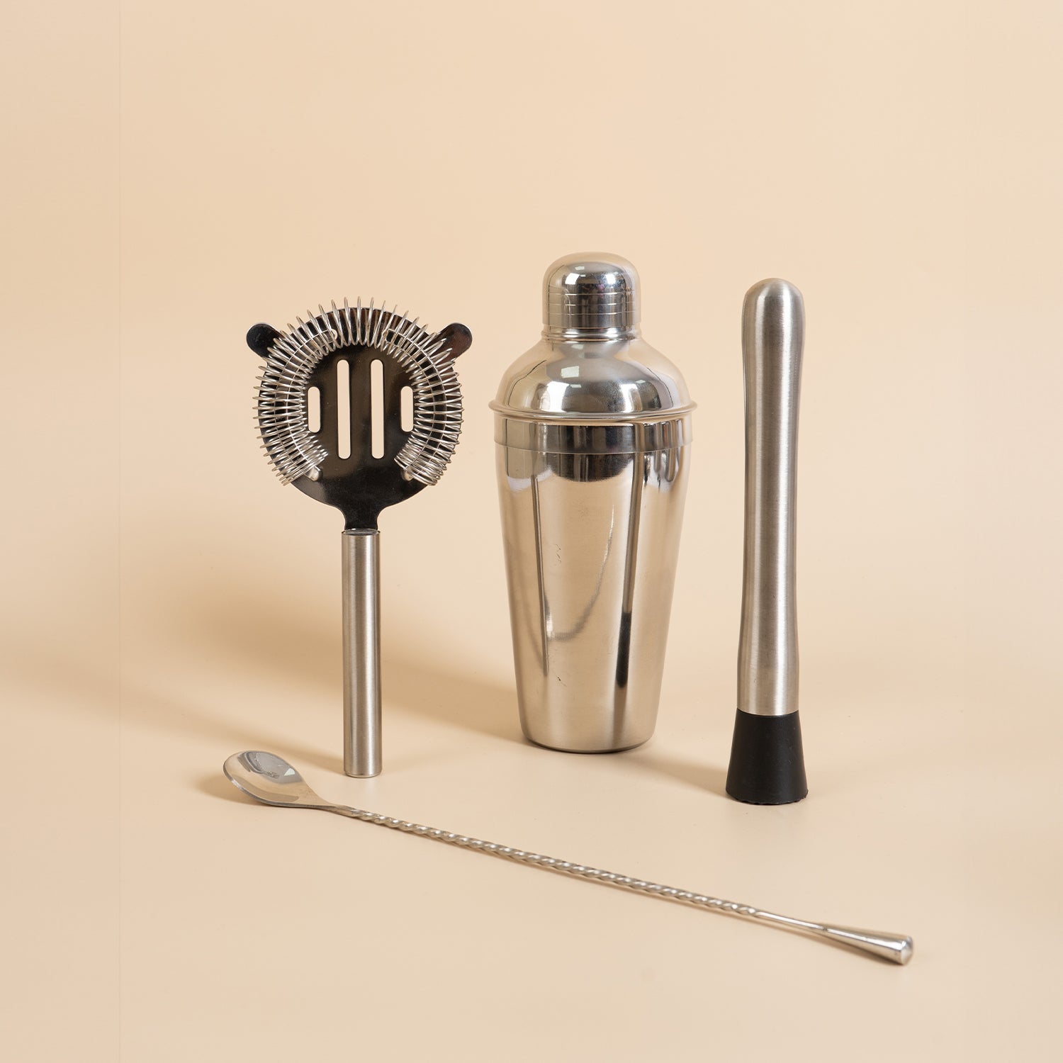 4-Piece Stainless Steel Bar Tool Set – Cocktail Shaker, Strainer, Muddler & Stirrer Spoon
