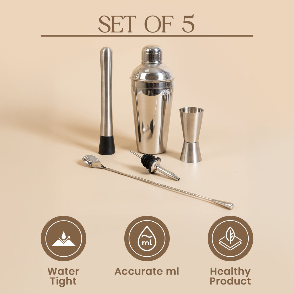 Premium Stainless Steel Bar Tool Set (Pack of 5) – Essential Cocktail Making Kit with 21cm Shaker & 30cm Twisted Bar Spoon – Food Grade & Durable 6