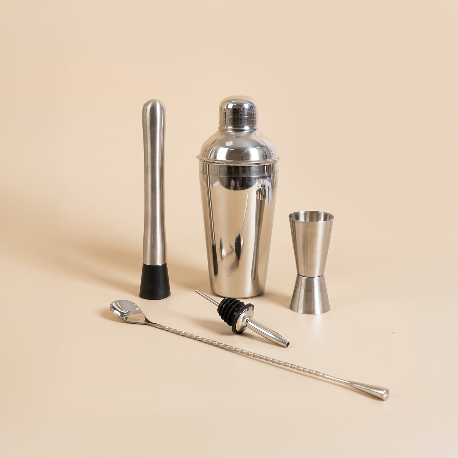 Premium Stainless Steel Bar Tool Set (Pack of 5) – Essential Cocktail Making Kit with 21cm Shaker & 30cm Twisted Bar Spoon – Food Grade & Durable 5