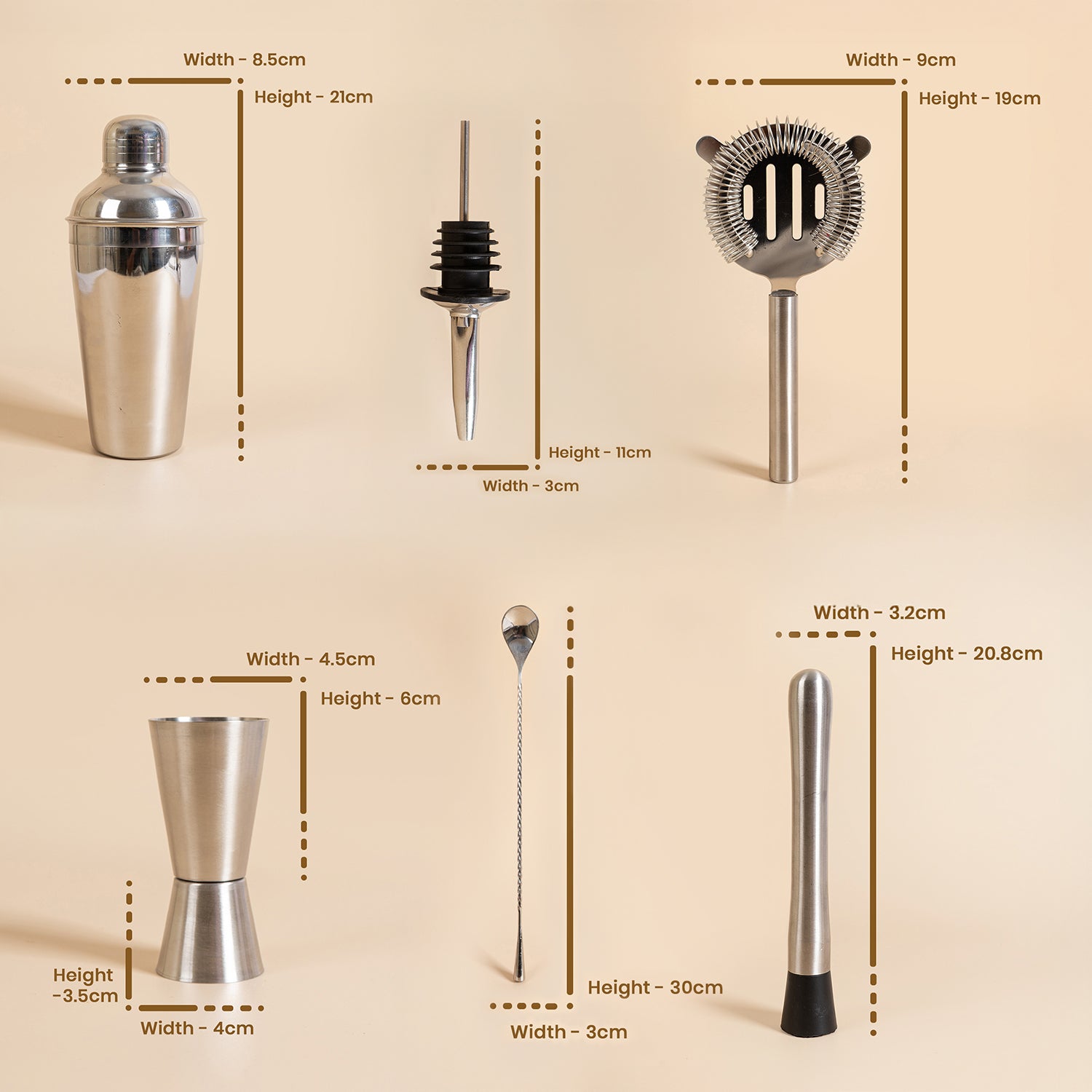 Premium 6-Piece Bar Tool Set – High-Grade Stainless Steel Cocktail Making Kit – Includes Shaker, Jigger, Muddler, Strainer, Bar Spoon & Pourer – Pichai Creation