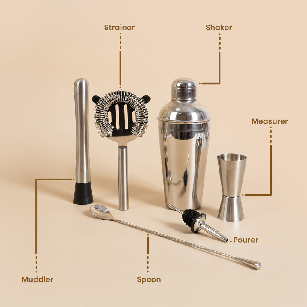 Premium 6-Piece Bar Tool Set – High-Grade Stainless Steel Cocktail Making Kit – Includes Shaker, Jigger, Muddler, Strainer, Bar Spoon & Pourer – Pichai Creation