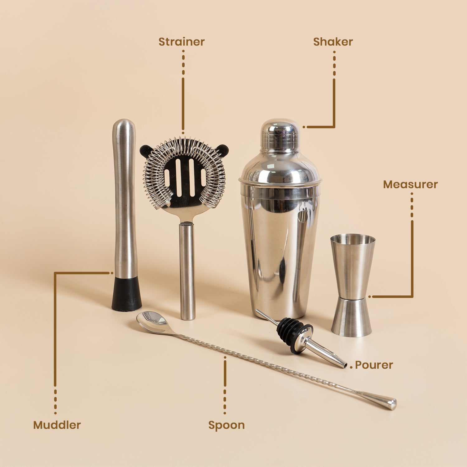 Premium 6-Piece Bar Tool Set – High-Grade Stainless Steel Cocktail Making Kit – Includes Shaker, Jigger, Muddler, Strainer, Bar Spoon & Pourer – Pichai Creation