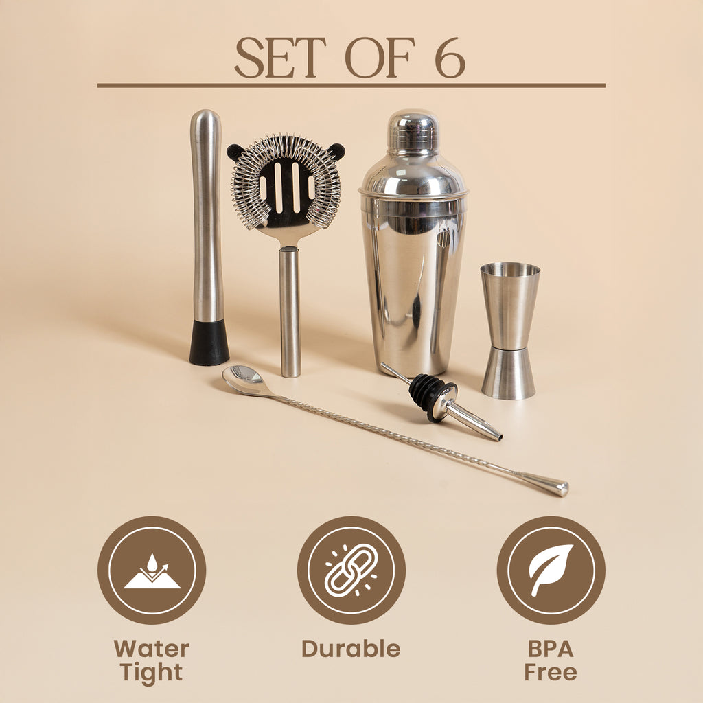 Premium 6-Piece Bar Tool Set – High-Grade Stainless Steel Cocktail Making Kit – Includes Shaker, Jigger, Muddler, Strainer, Bar Spoon & Pourer – Pichai Creation