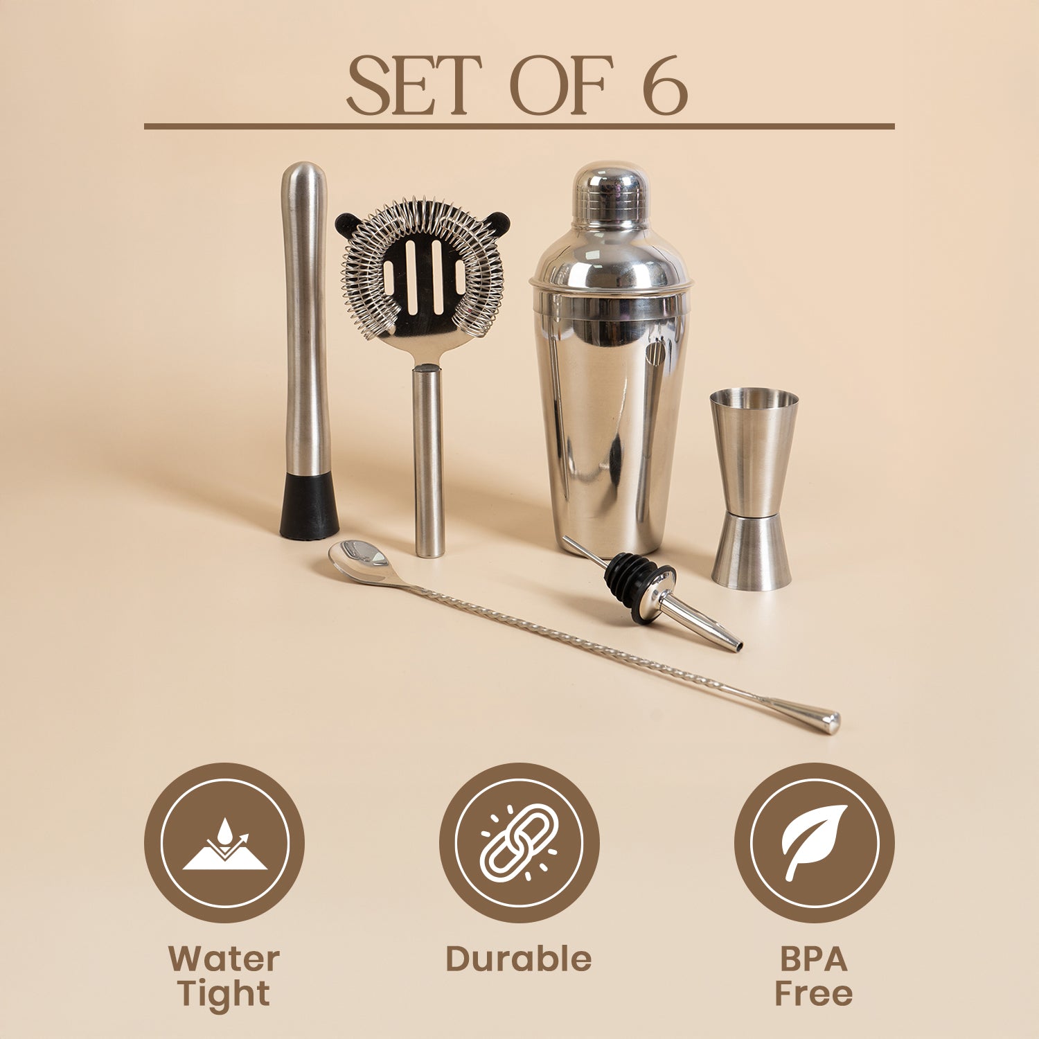 Premium 6-Piece Bar Tool Set – High-Grade Stainless Steel Cocktail Making Kit – Includes Shaker, Jigger, Muddler, Strainer, Bar Spoon & Pourer – Pichai Creation